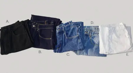 Wardrobe basics for women featuring five pairs of jeans in black, dark blue, medium blue, light blue, and white