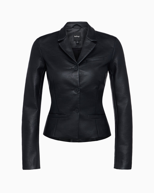 Faux Leather Fitted Blazer | Black