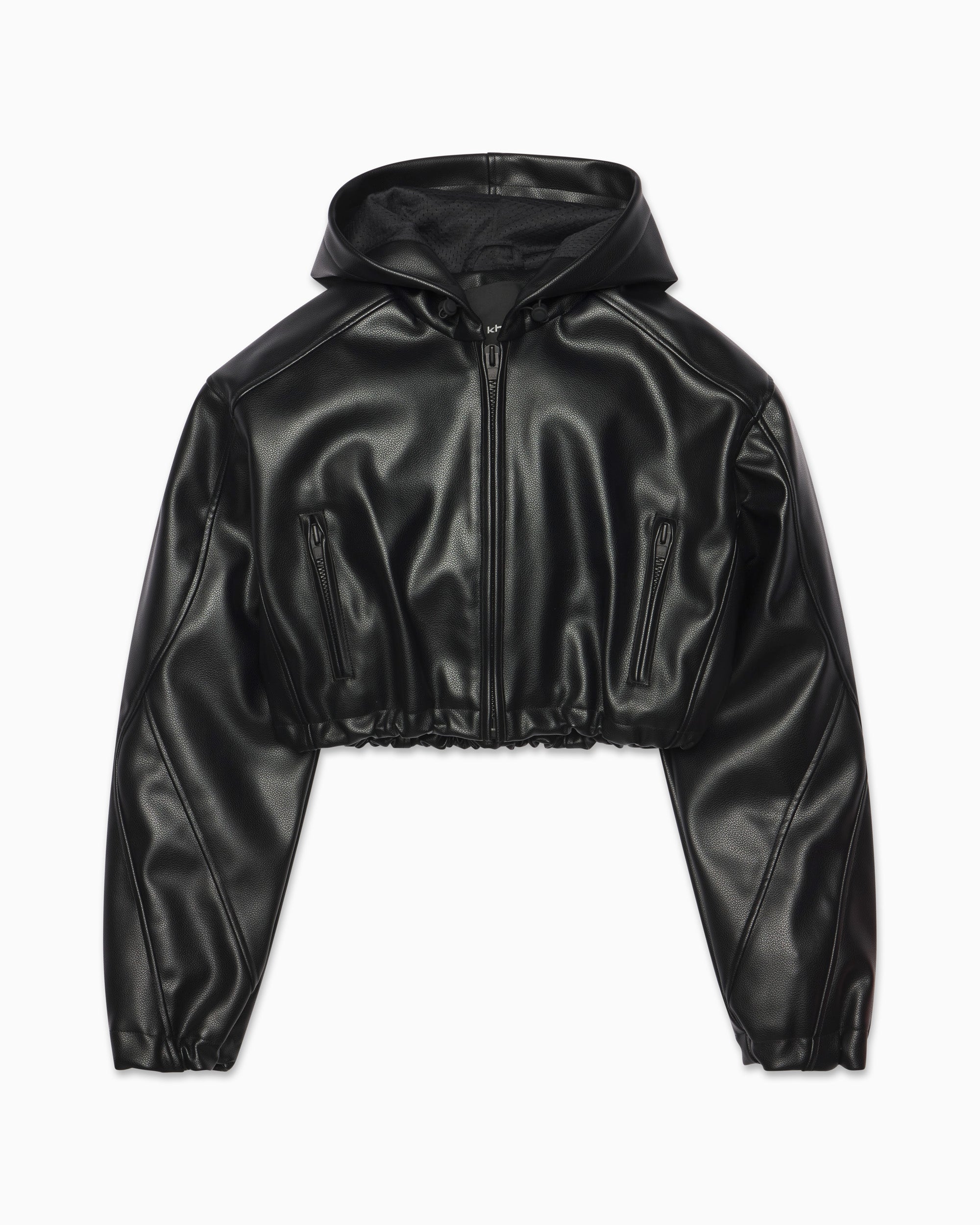 Black faux 2025 leather hooded jacket