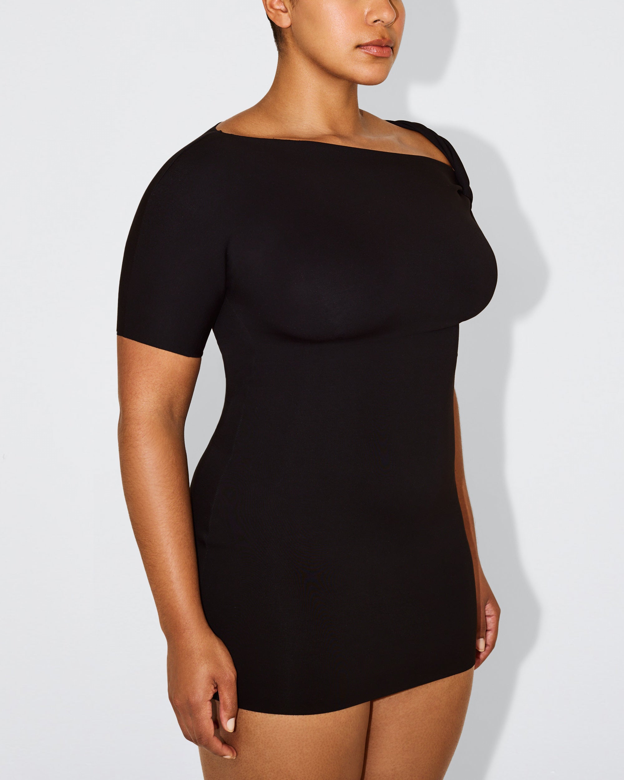 Sueded Stretch Twist Mini Dress | Black