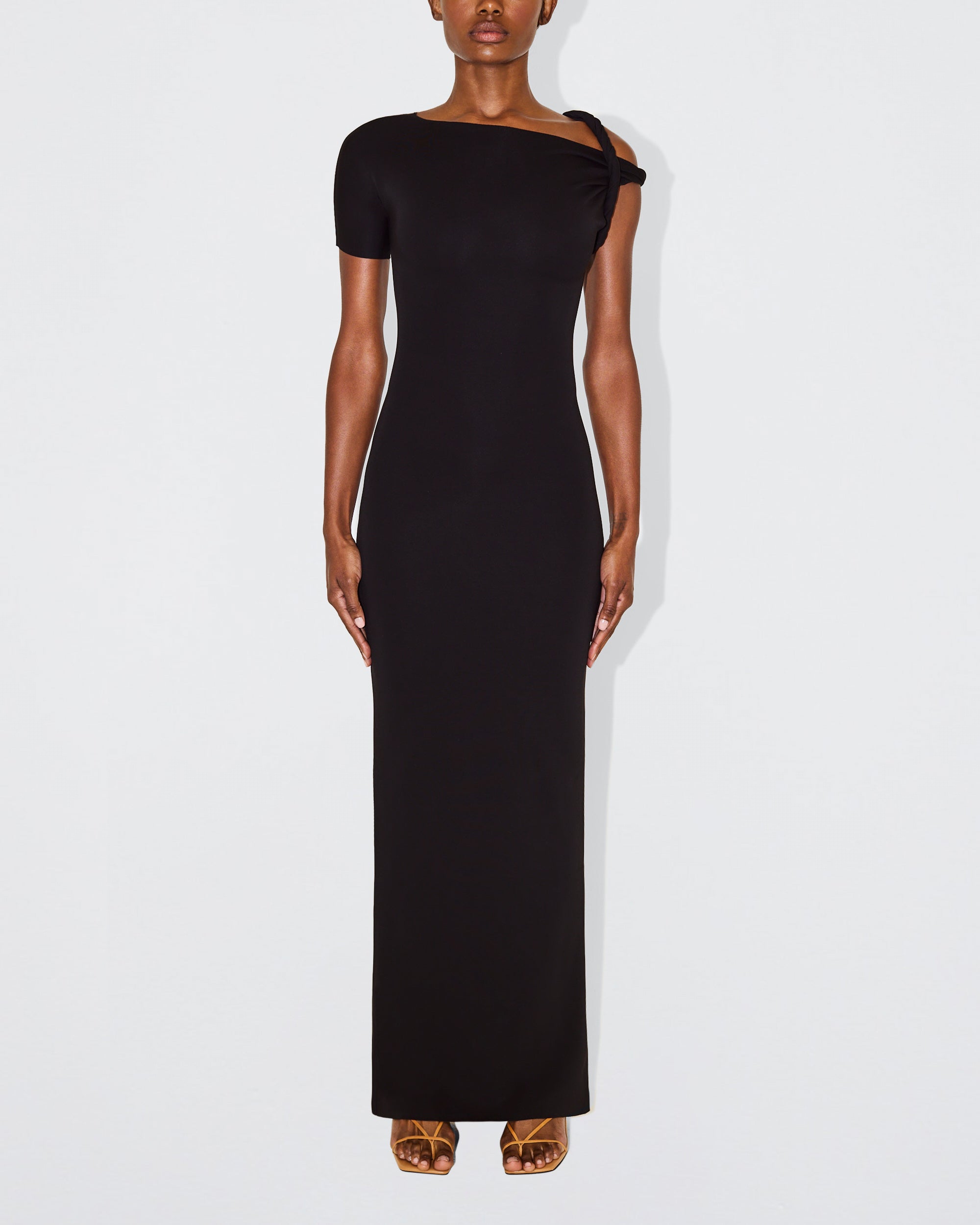 Sueded Stretch Twist Maxi Dress | Black