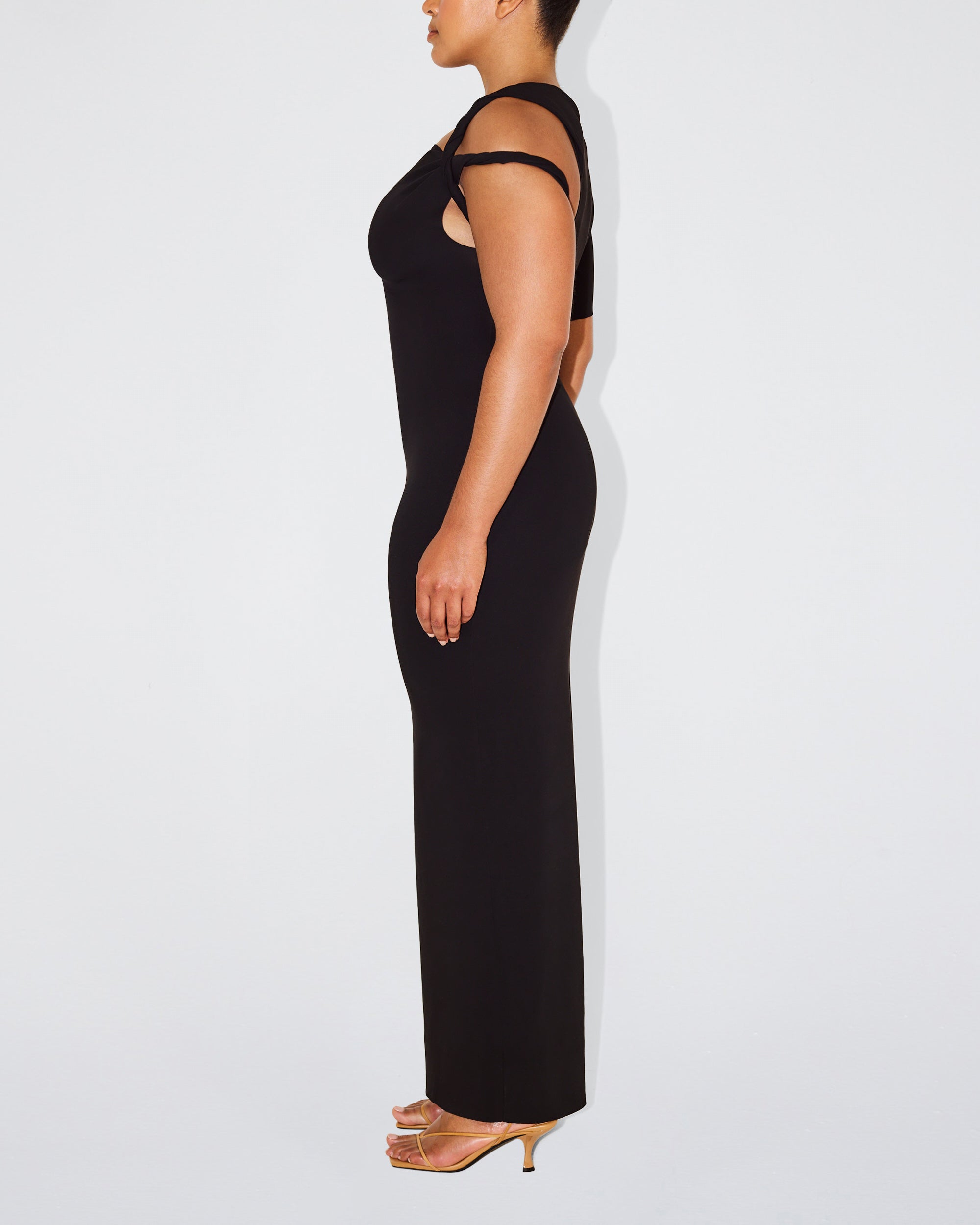 Sueded Stretch Twist Maxi Dress | Black