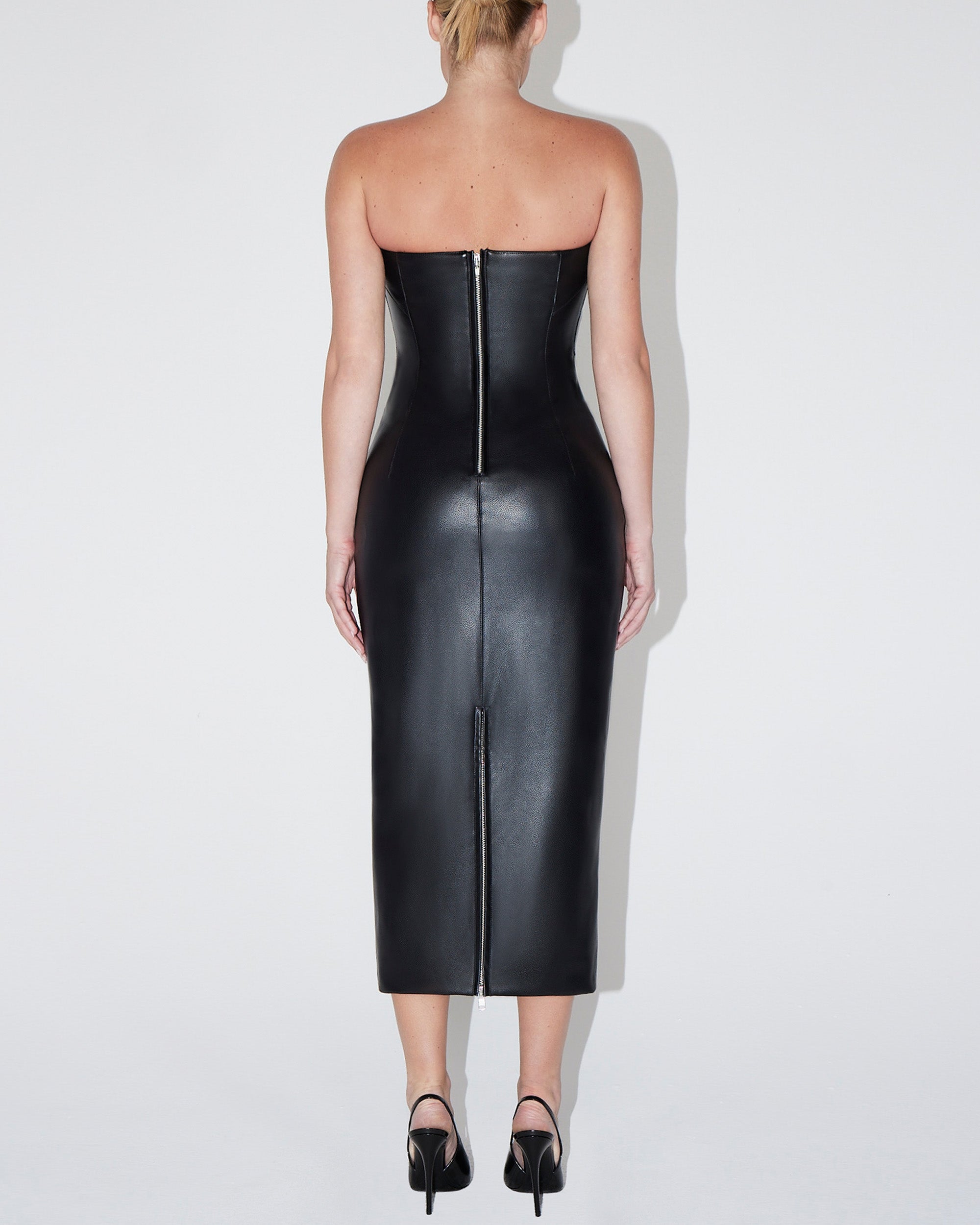 Faux Leather Strapless Long Dress | Black