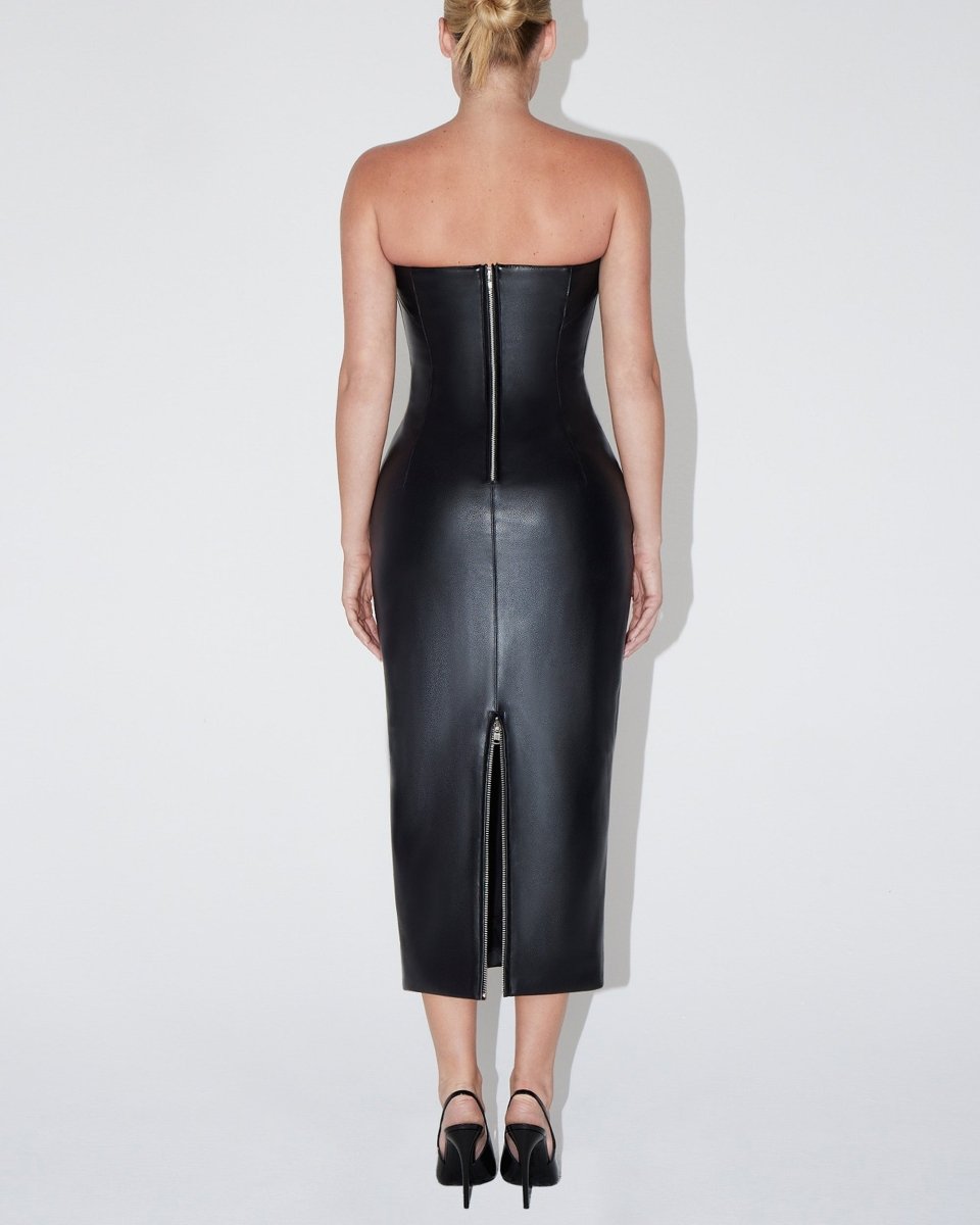 Faux Leather Strapless Long Dress | Black