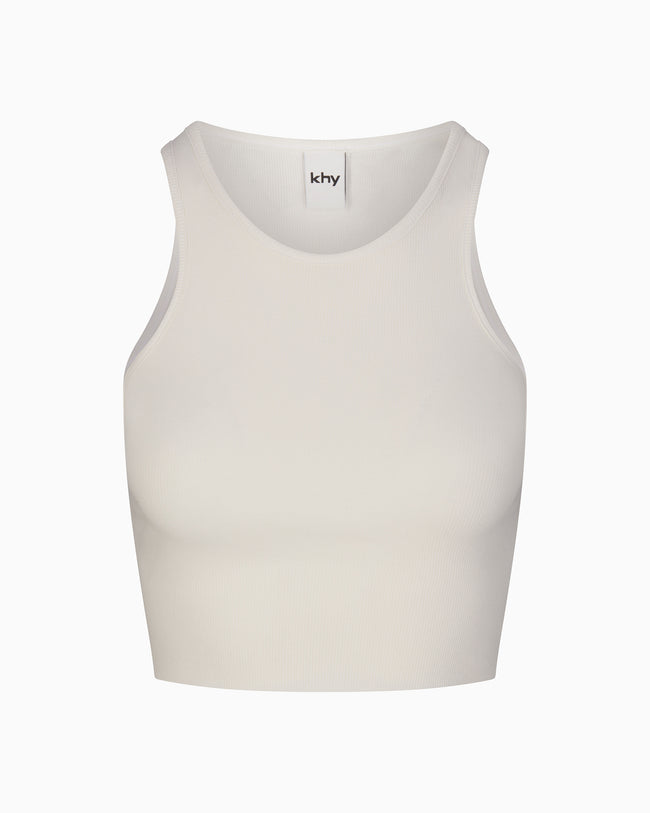 Cropped Raw Hem Rib Tank | Ecru