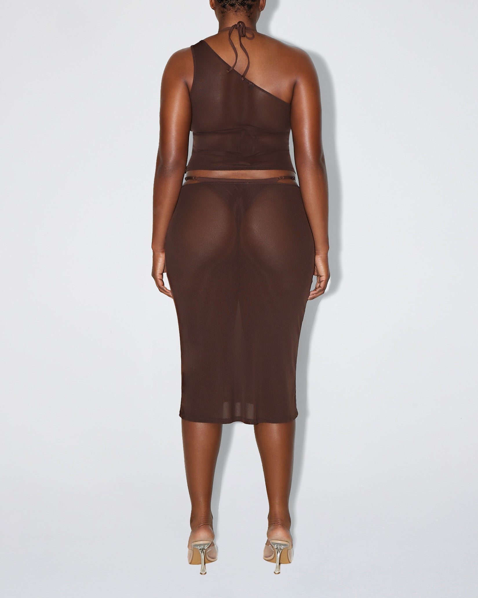 Mesh One Shoulder Top | Chocolate