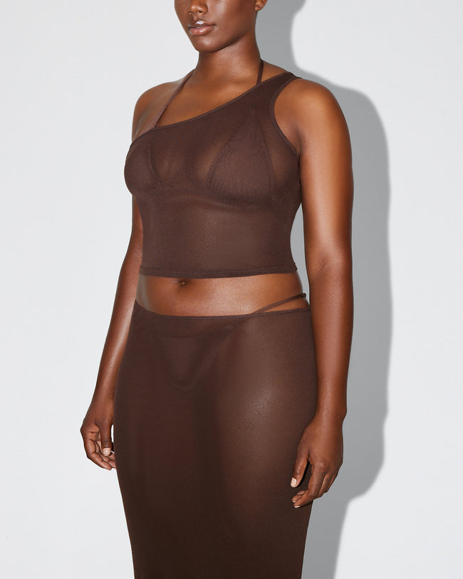 Mesh One Shoulder Top | Chocolate