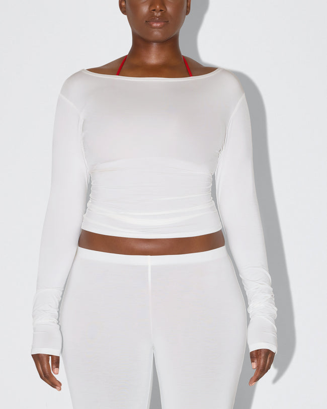 Soft Stretch Boat Neck Long Sleeve | Pearl White