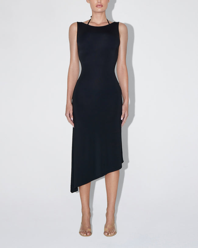 Soft Stretch Asymmetrical Midi Dress | Black