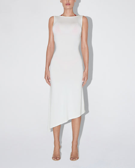 Soft Stretch Asymmetrical Midi Dress | Pearl White