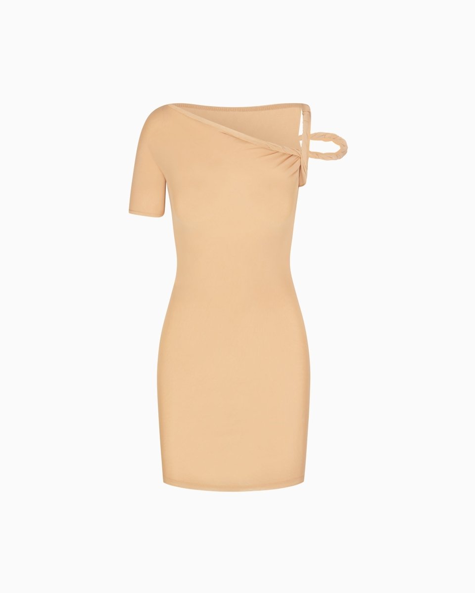 Mesh Stretch Twist Mini Dress | Nude