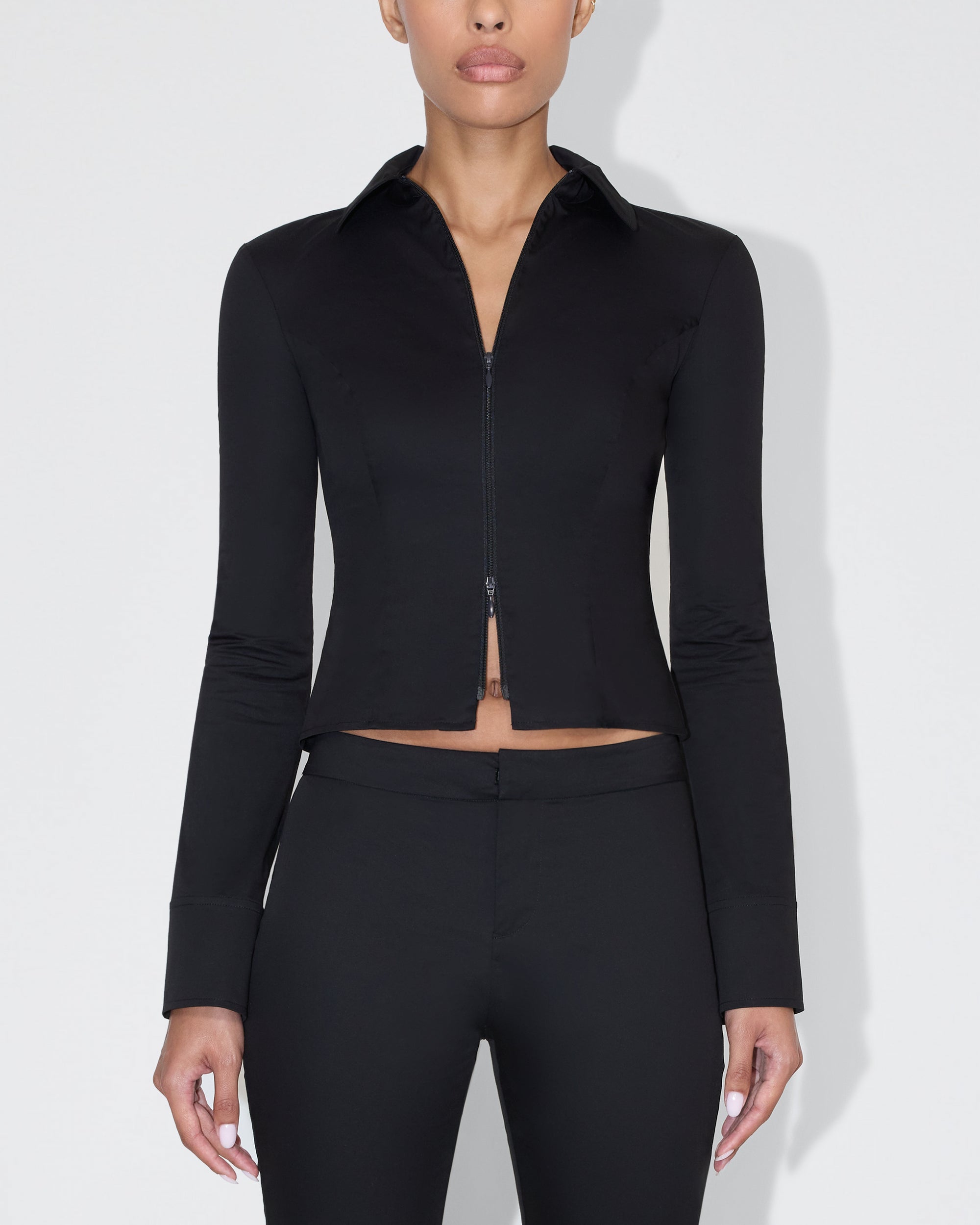 Poplin Collared Zip Shirt | Black