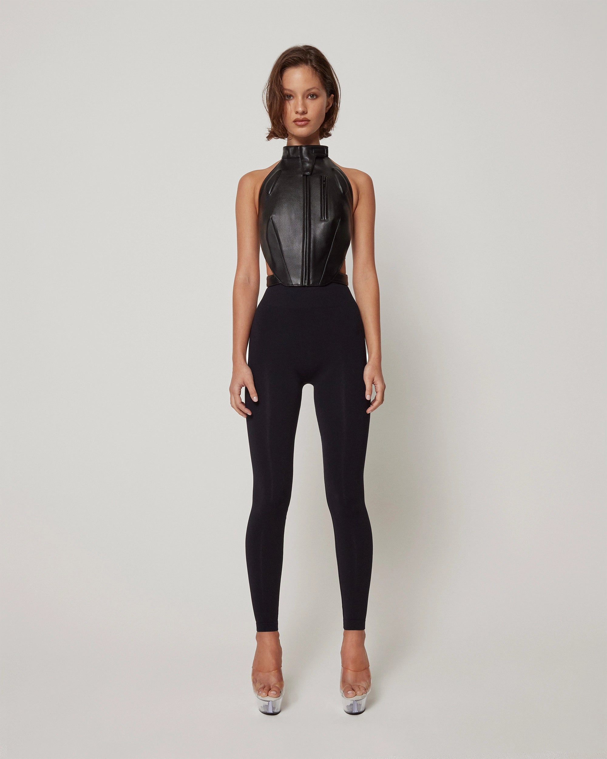 Faux Leather Open Back Top | Black