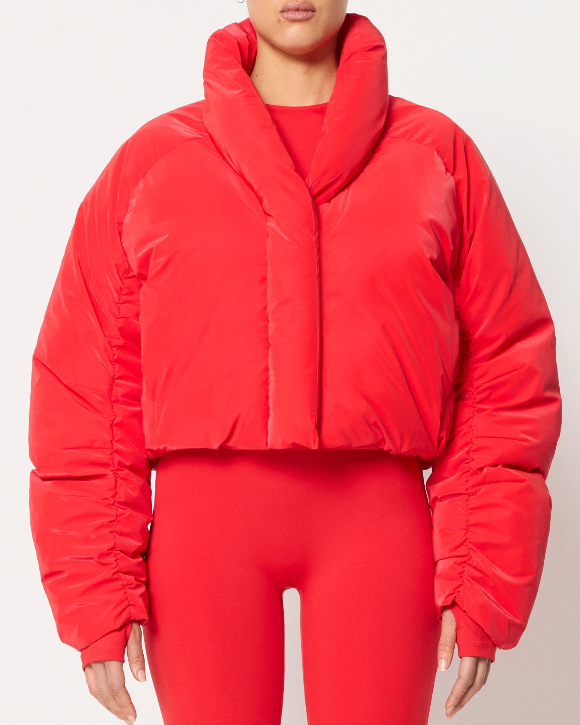 Red cropped puffer jacket with hood online