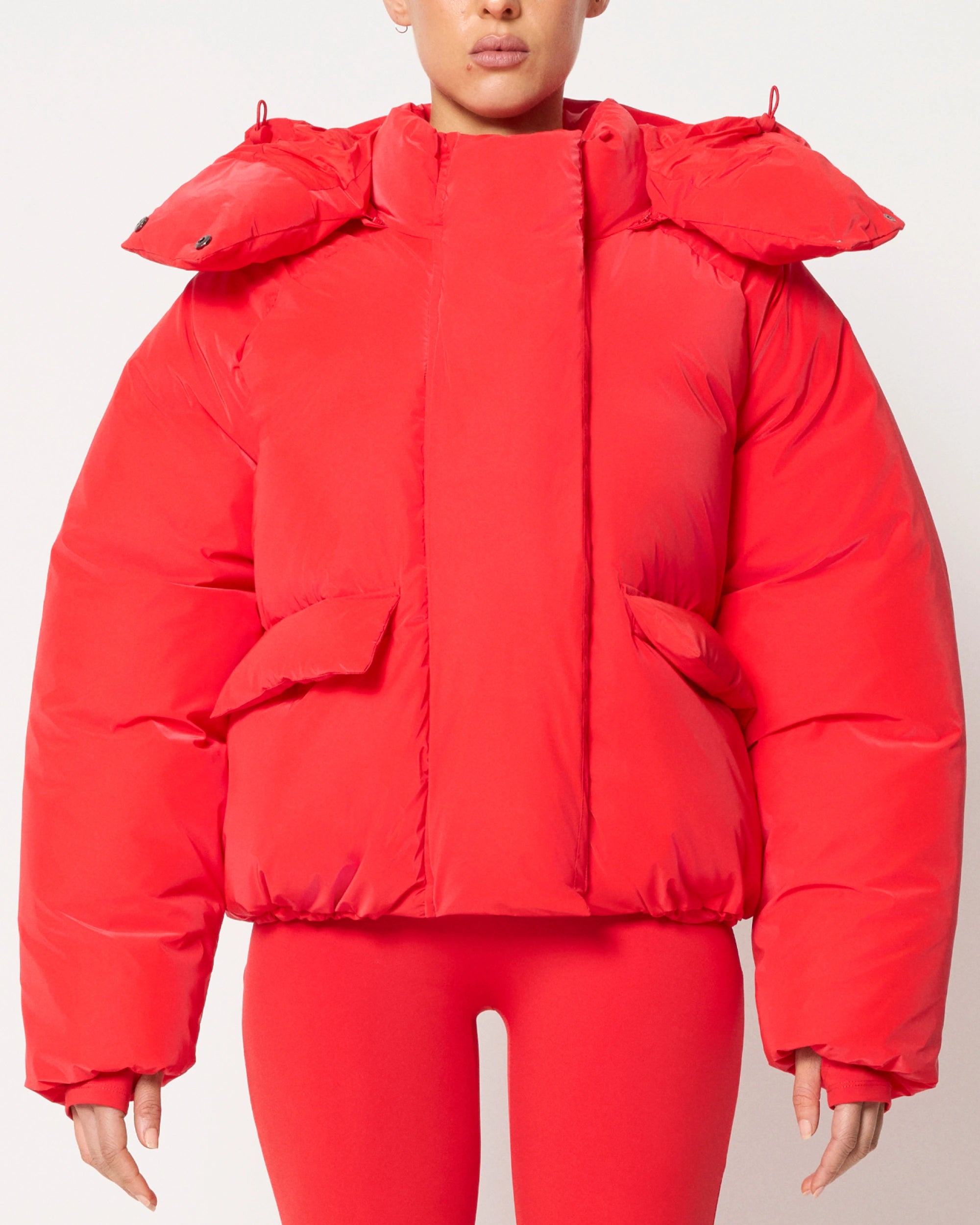 Red puffer jacket hood on sale