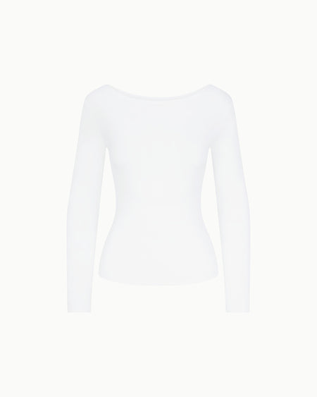 Soft Stretch Boat Neck Long Sleeve | Pearl White