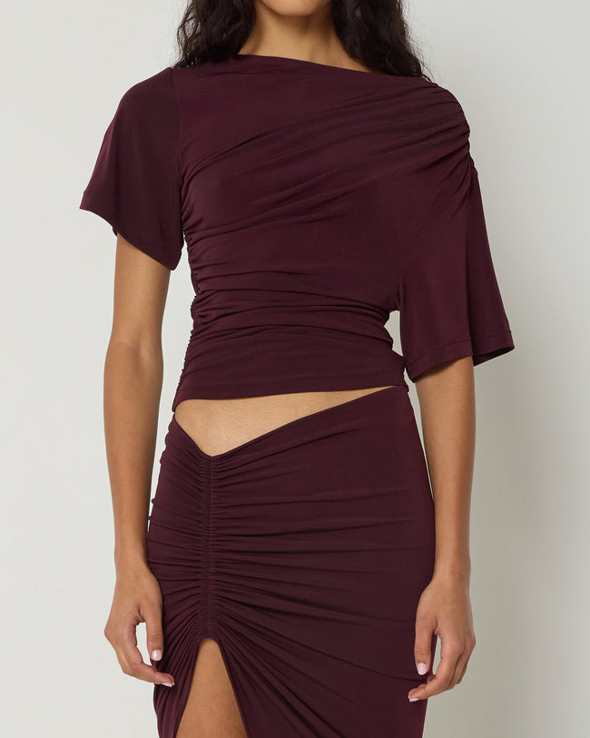 Asymmetrical Ruched Top | Black Cherry