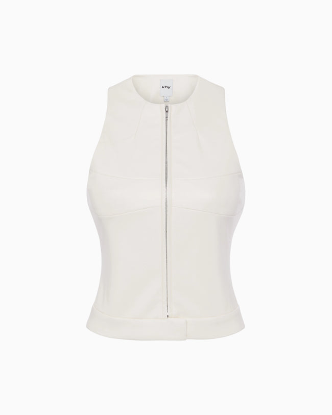 Faux Leather Zip Up Tank | Chalk