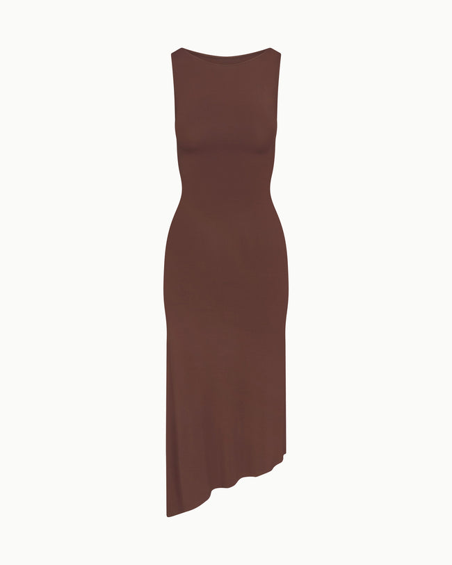 Soft Stretch Asymmetrical Midi Dress | Chocolate