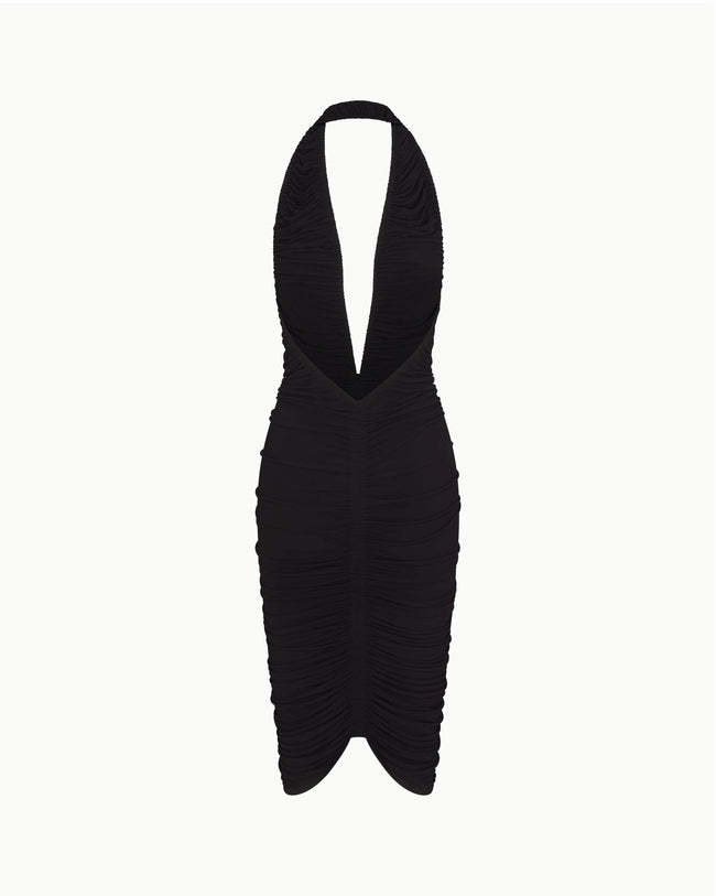 Plunging Ruched Midi Dress | Black