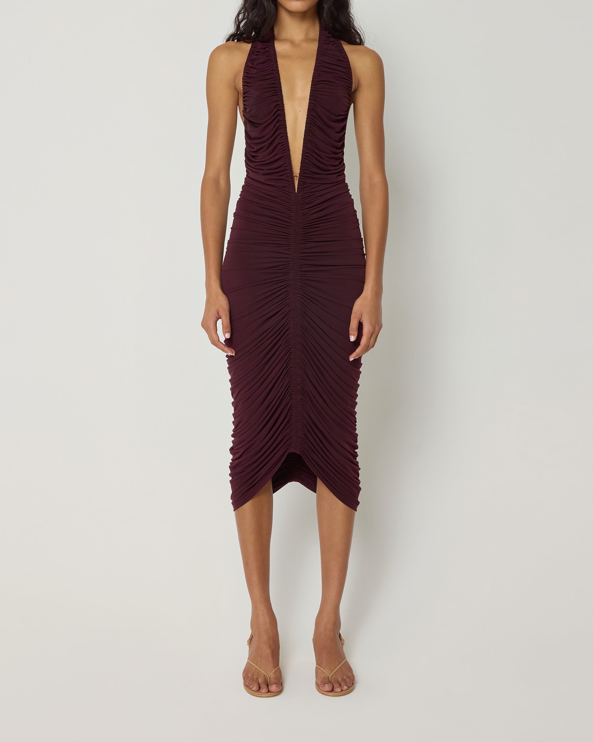 Plunging Ruched Midi Dress | Black Cherry