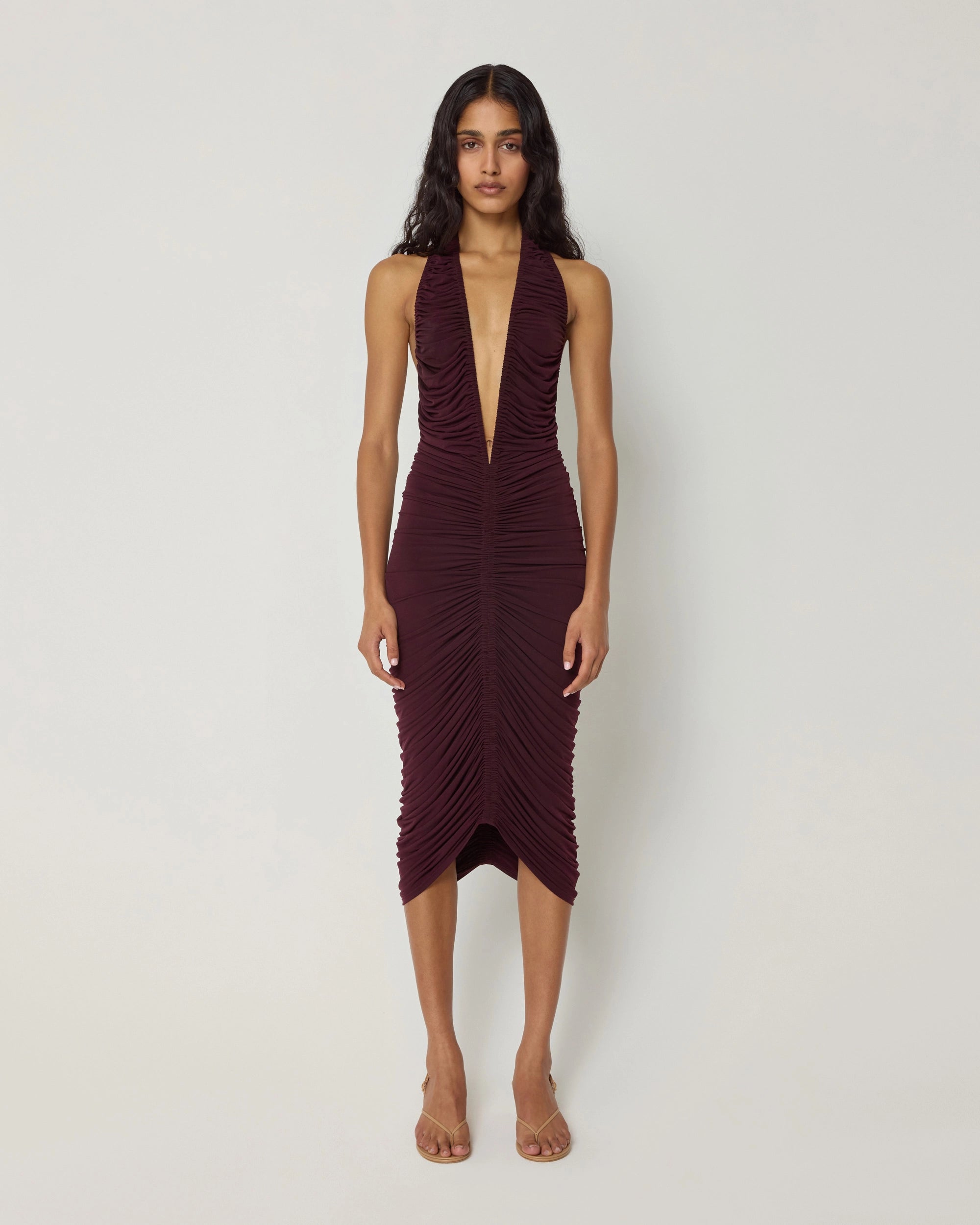 Plunging Ruched Midi Dress | Black Cherry