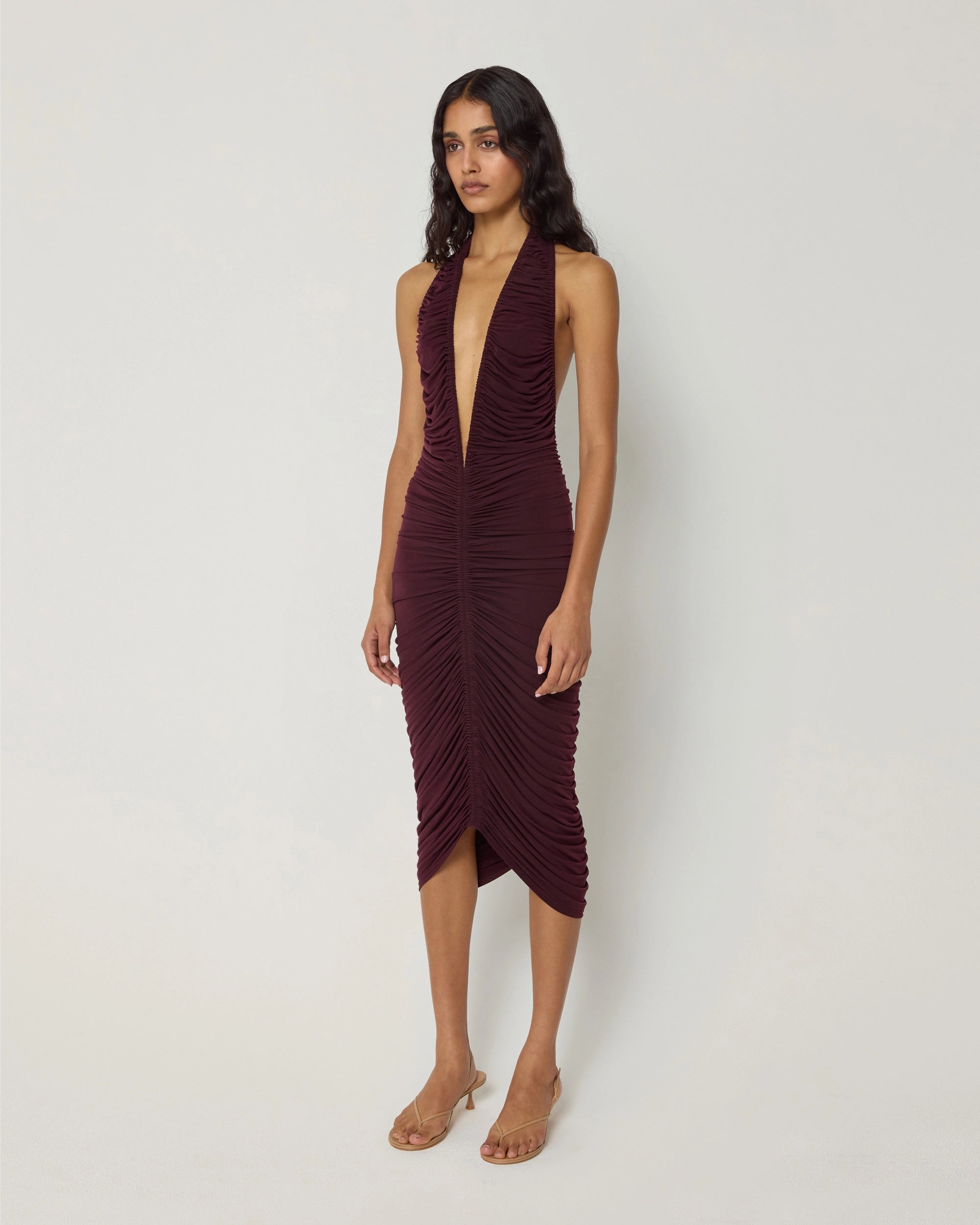 Plunging Ruched Midi Dress | Black Cherry