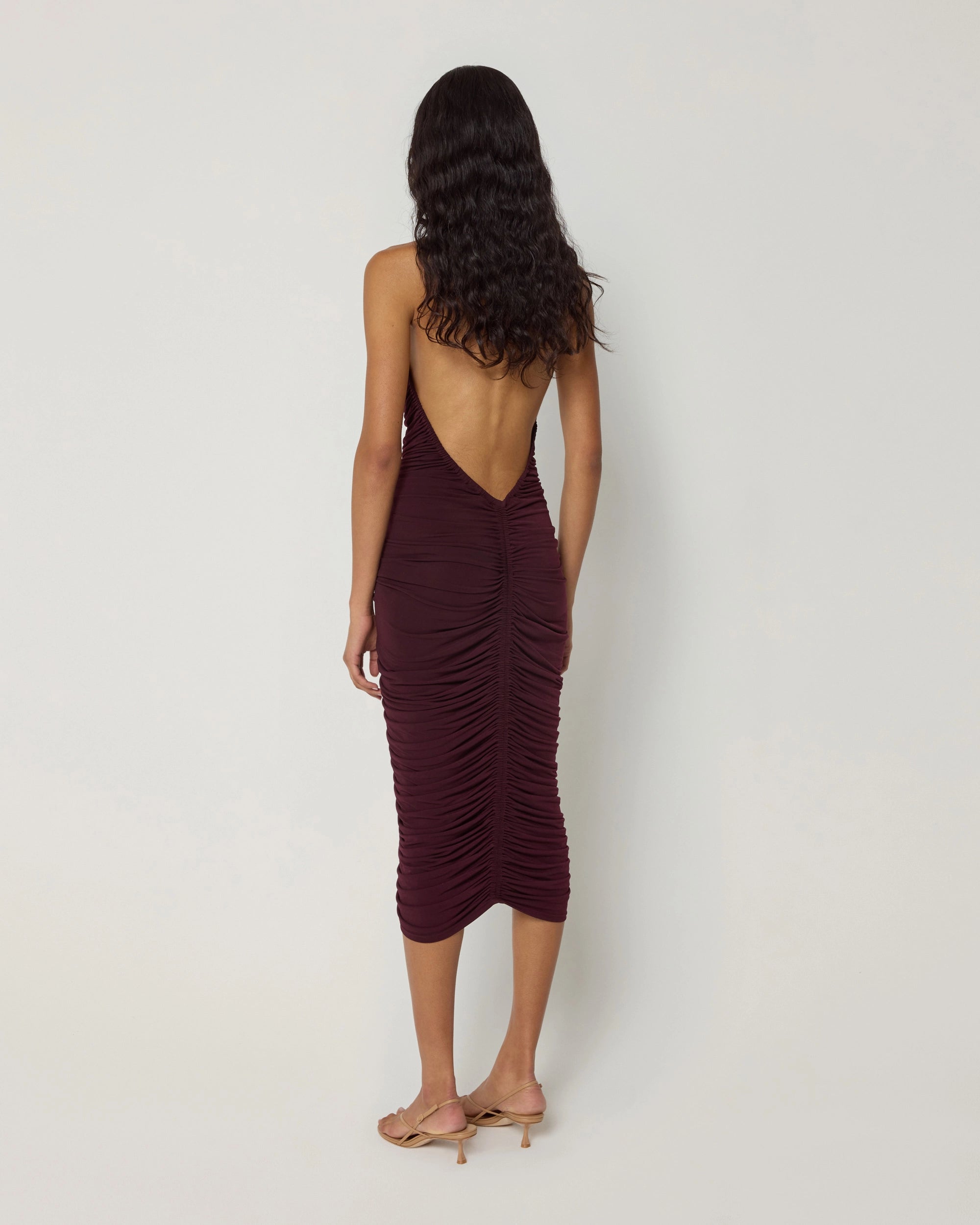 Plunging Ruched Midi Dress | Black Cherry