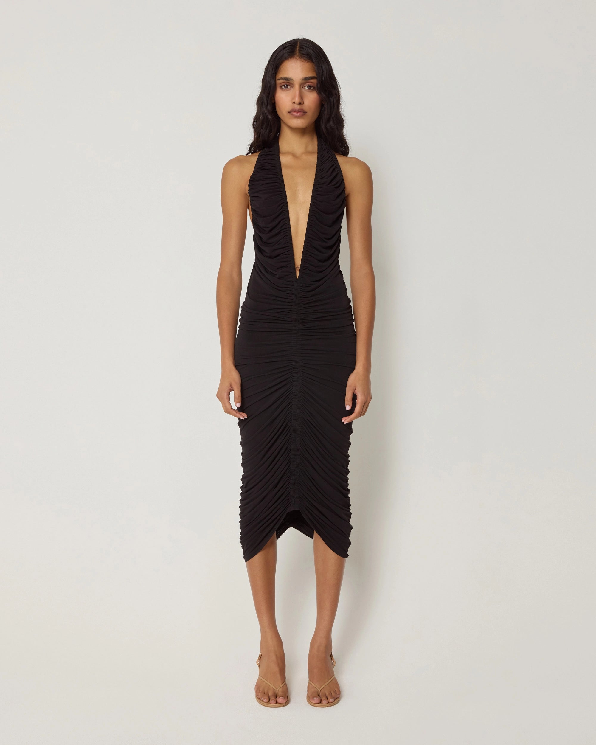 Plunging Ruched Midi Dress | Black