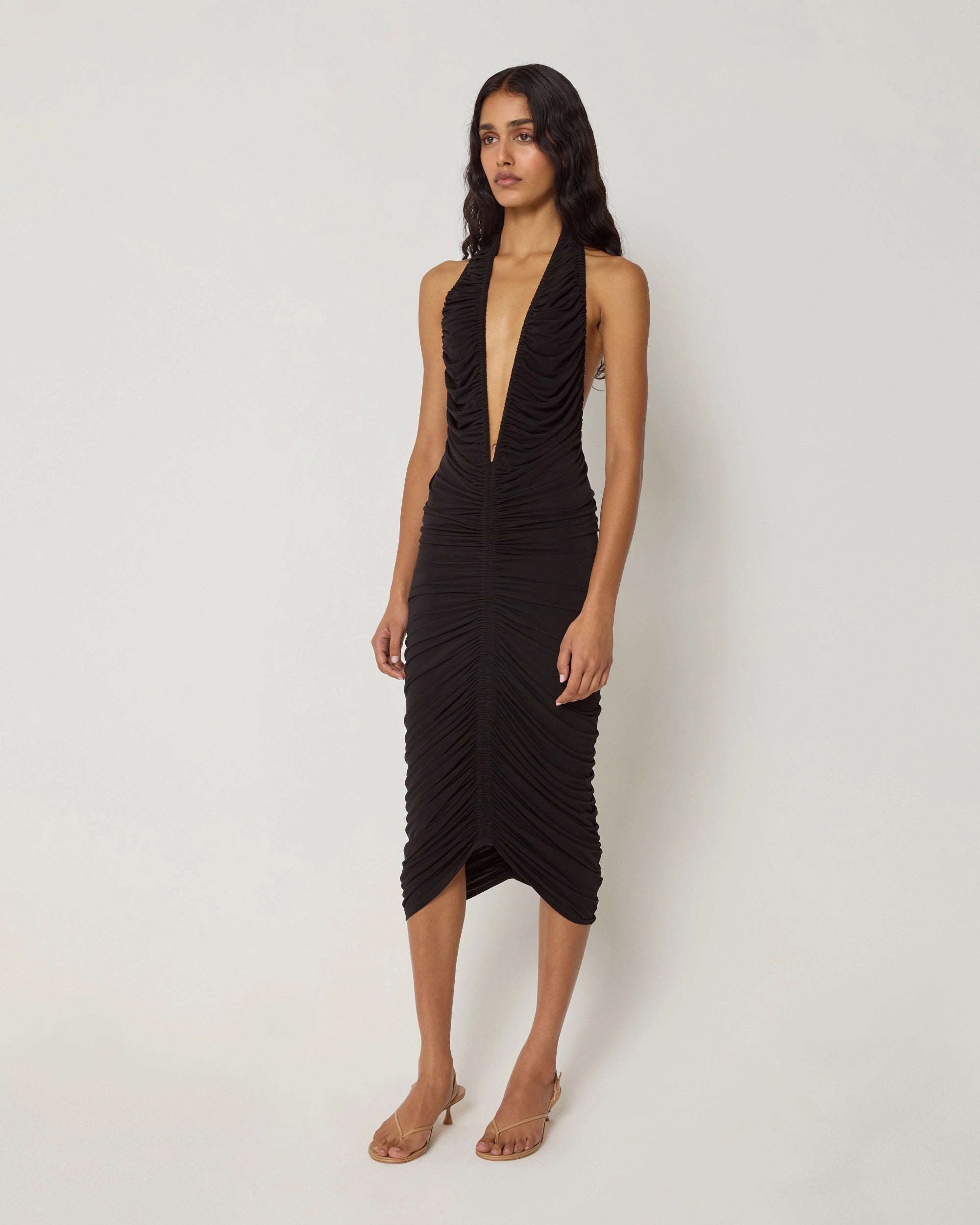 Plunging Ruched Midi Dress | Black