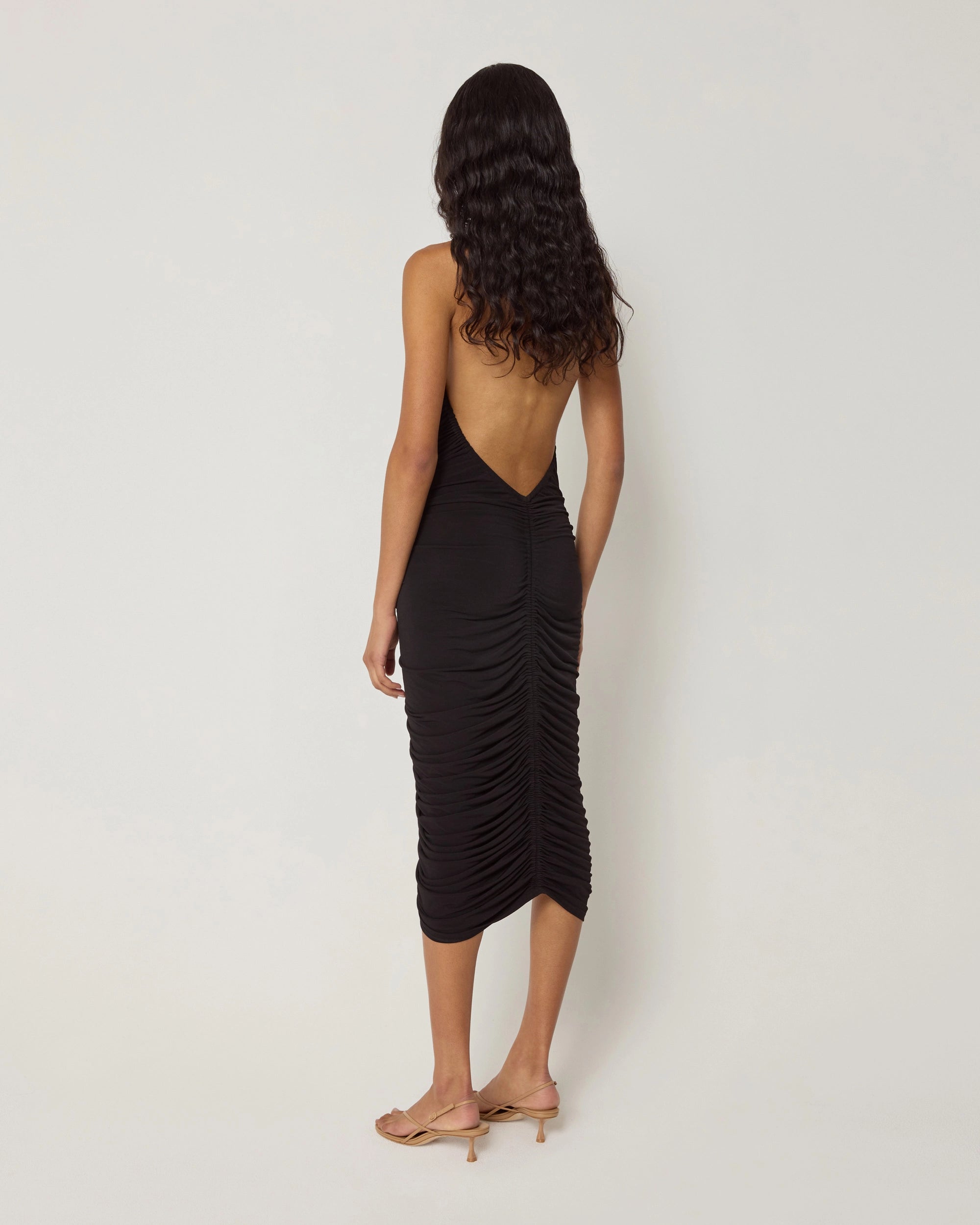 Plunging Ruched Midi Dress | Black