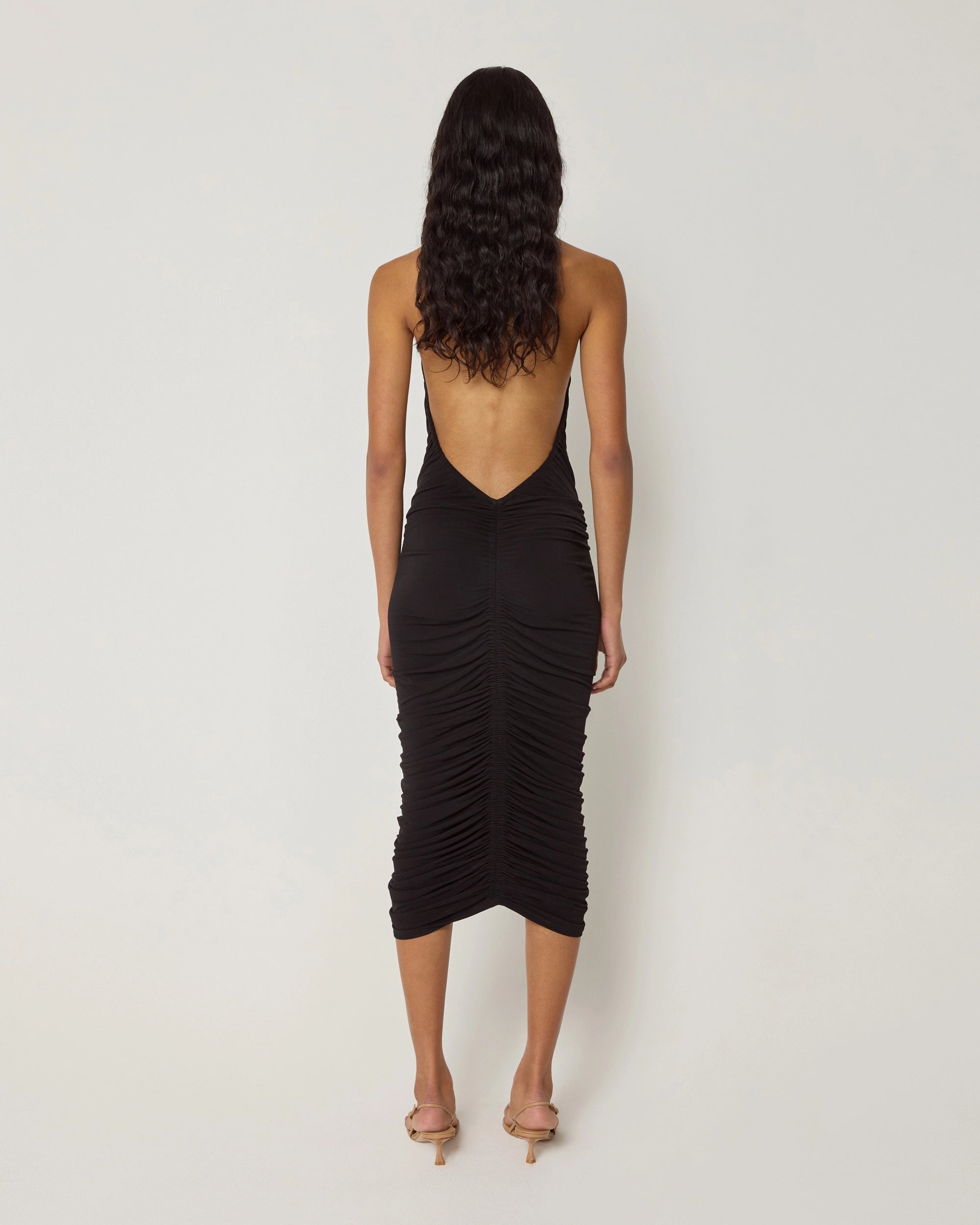 Plunging Ruched Midi Dress | Black