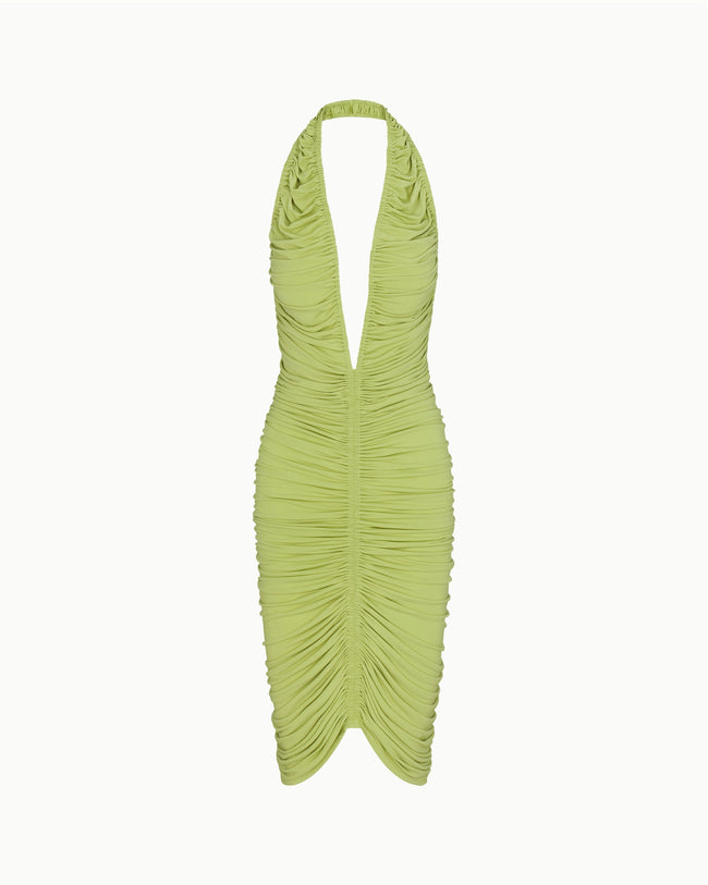 Plunging Ruched Midi Dress | Dark Citron