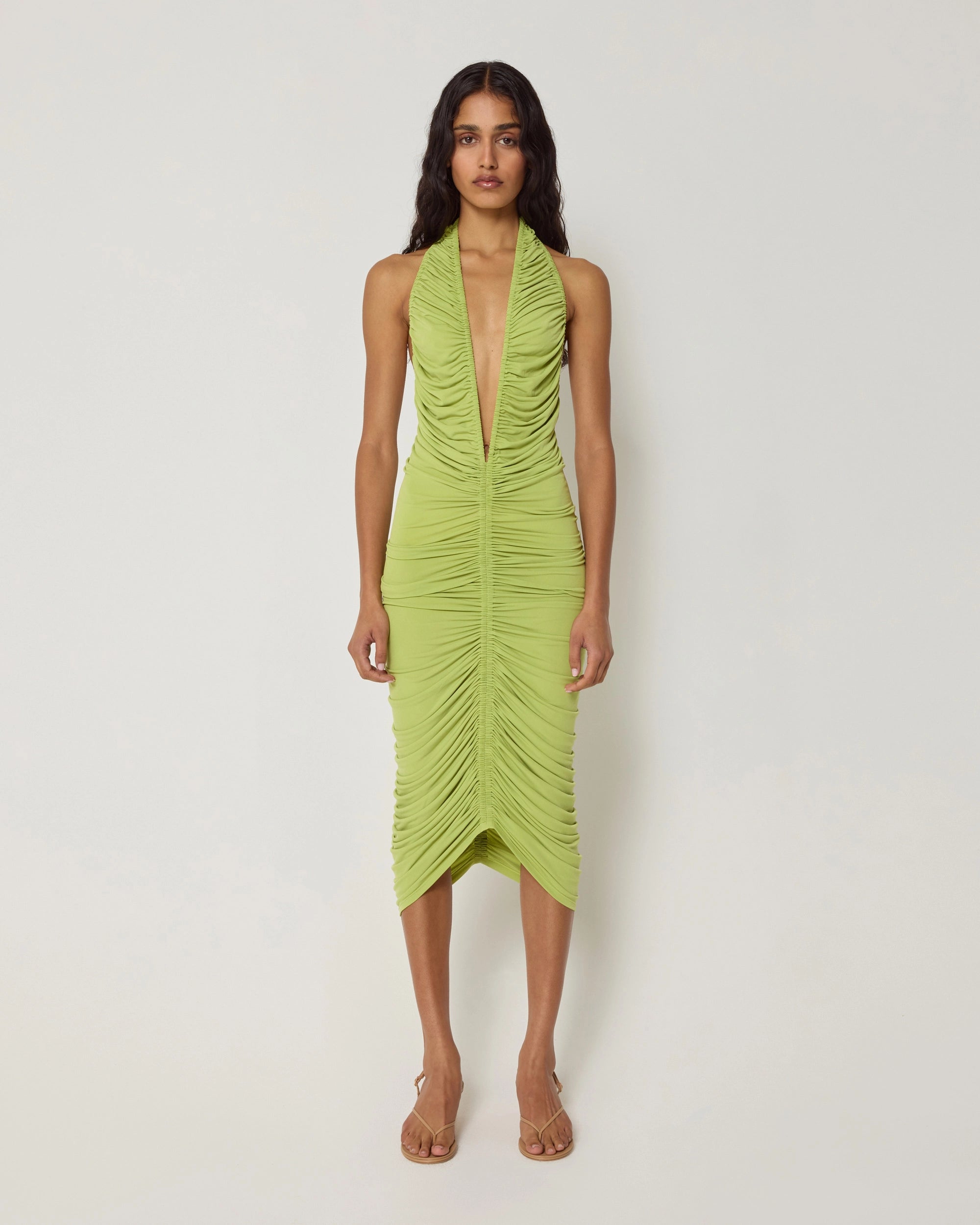 Plunging Ruched Midi Dress | Dark Citron