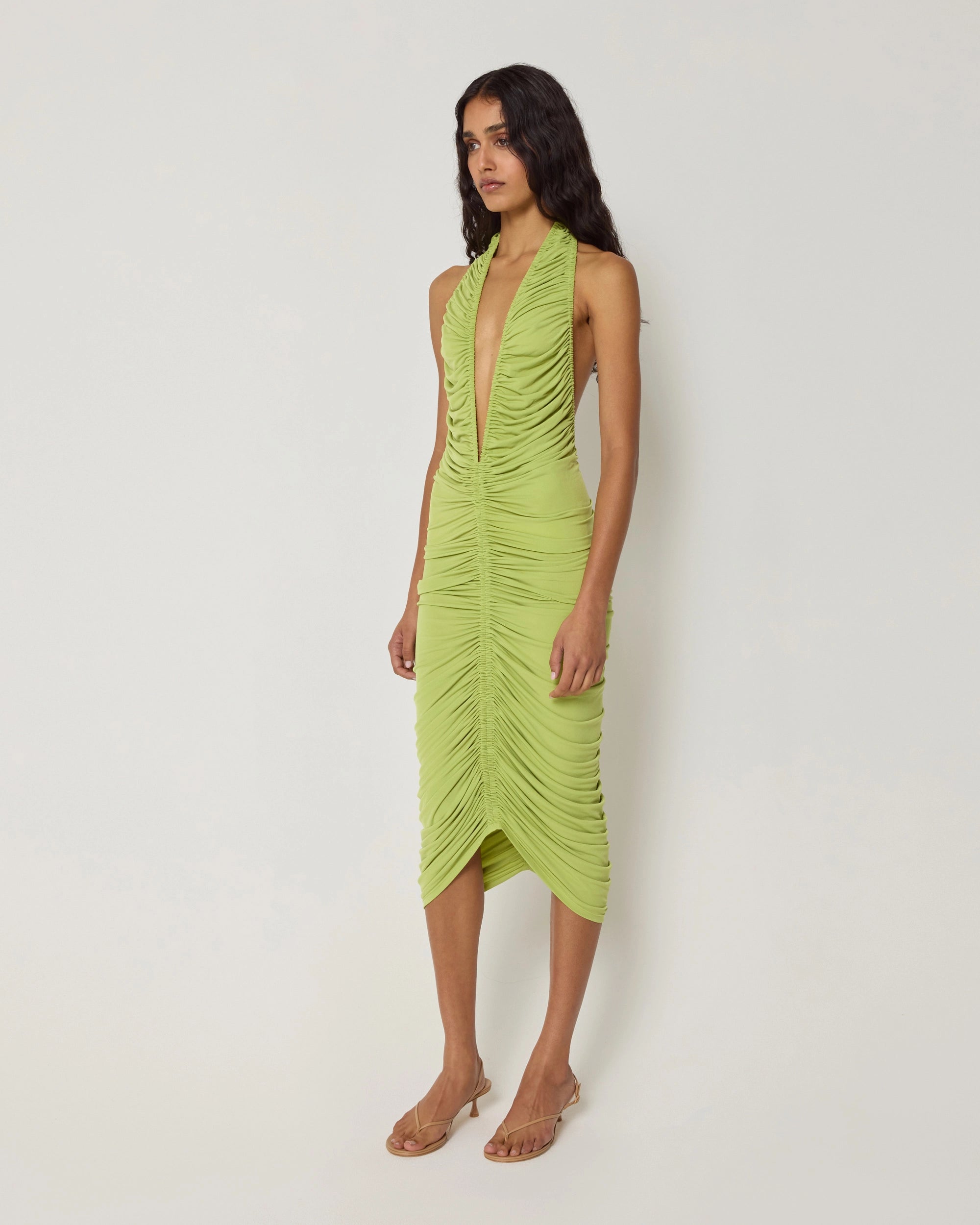 Plunging Ruched Midi Dress | Dark Citron