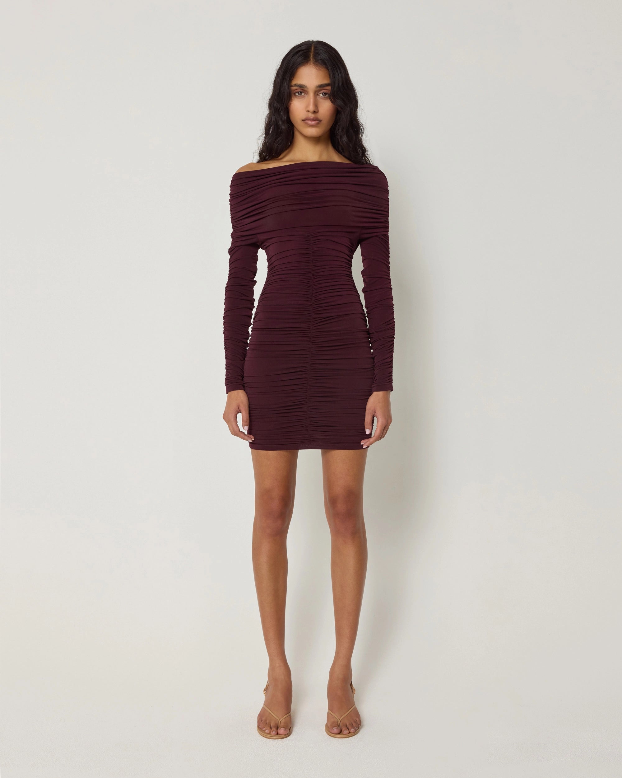 Long Sleeve Ruched Mini Dress | Black Cherry