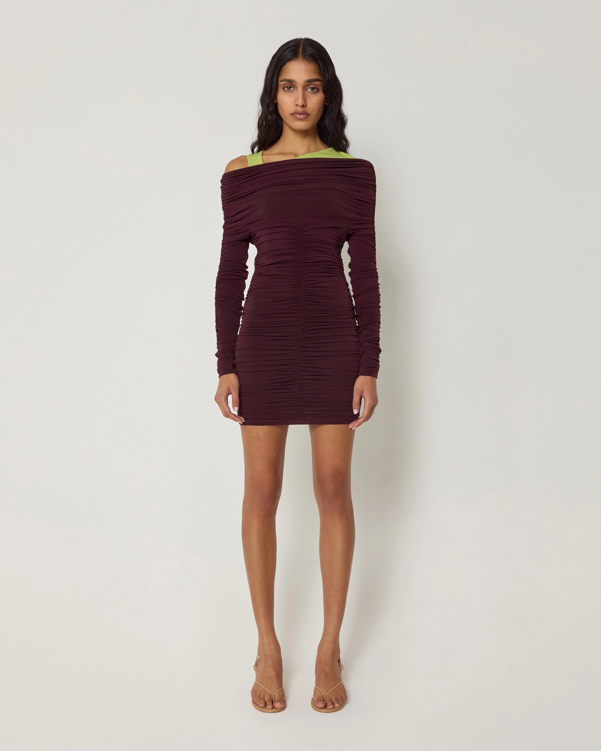 Long Sleeve Ruched Mini Dress | Black Cherry