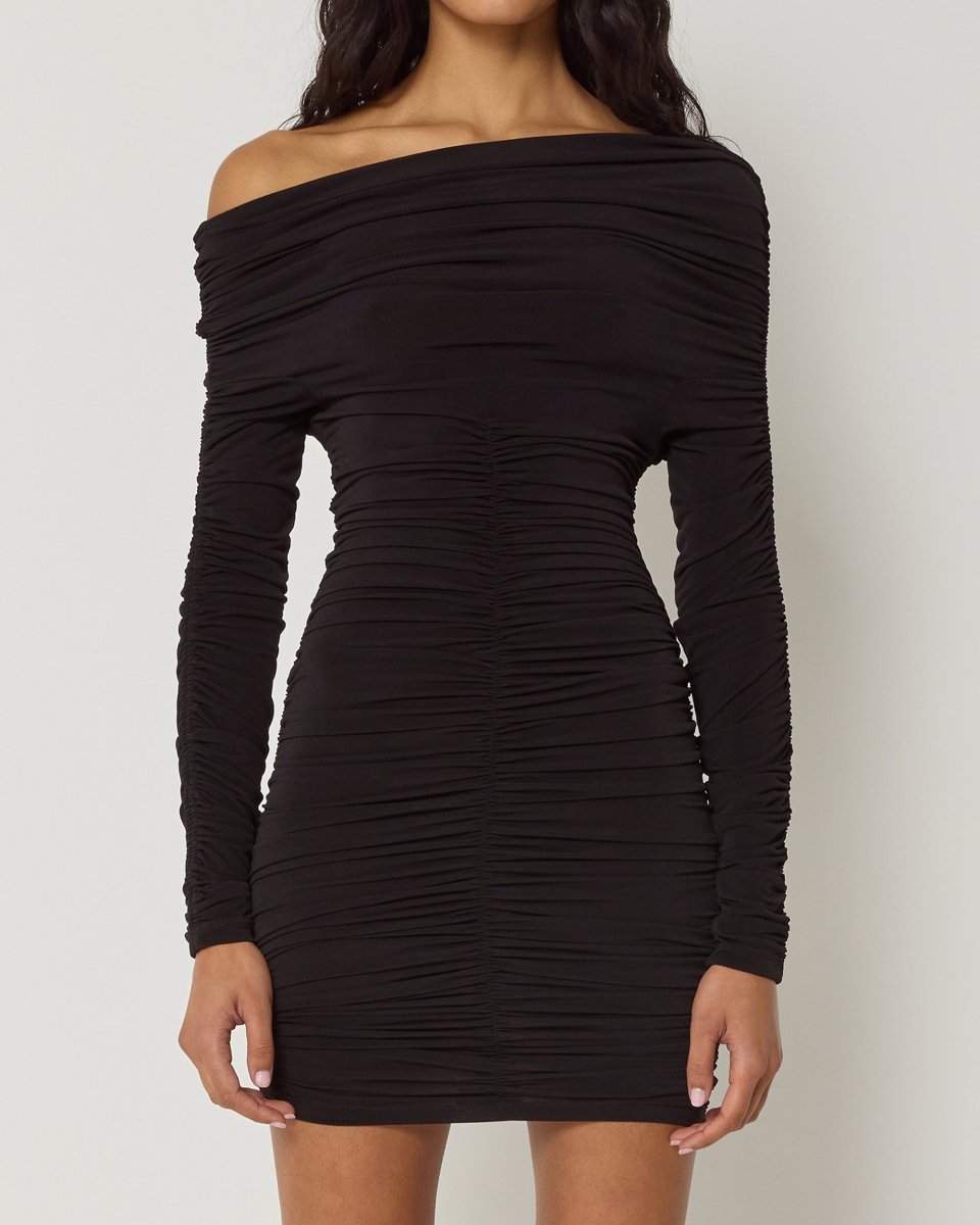 Off the shoulder long sleeve ruched dress best sale