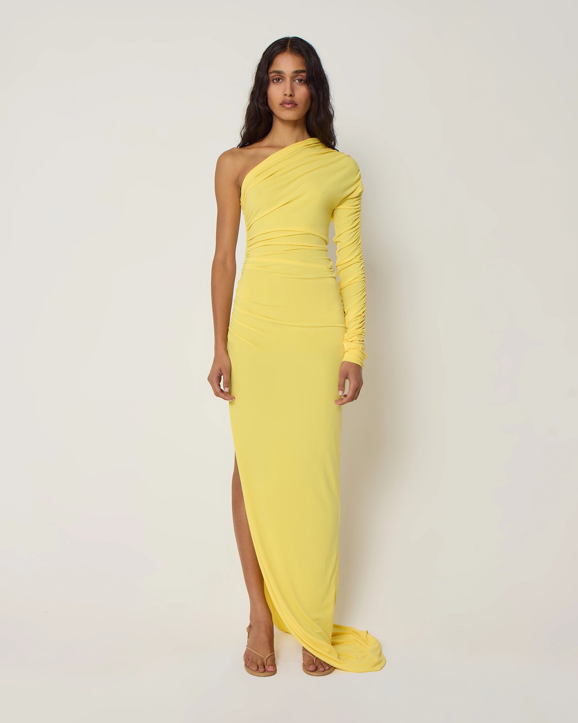 One Shoulder Ruched Gown | Golden