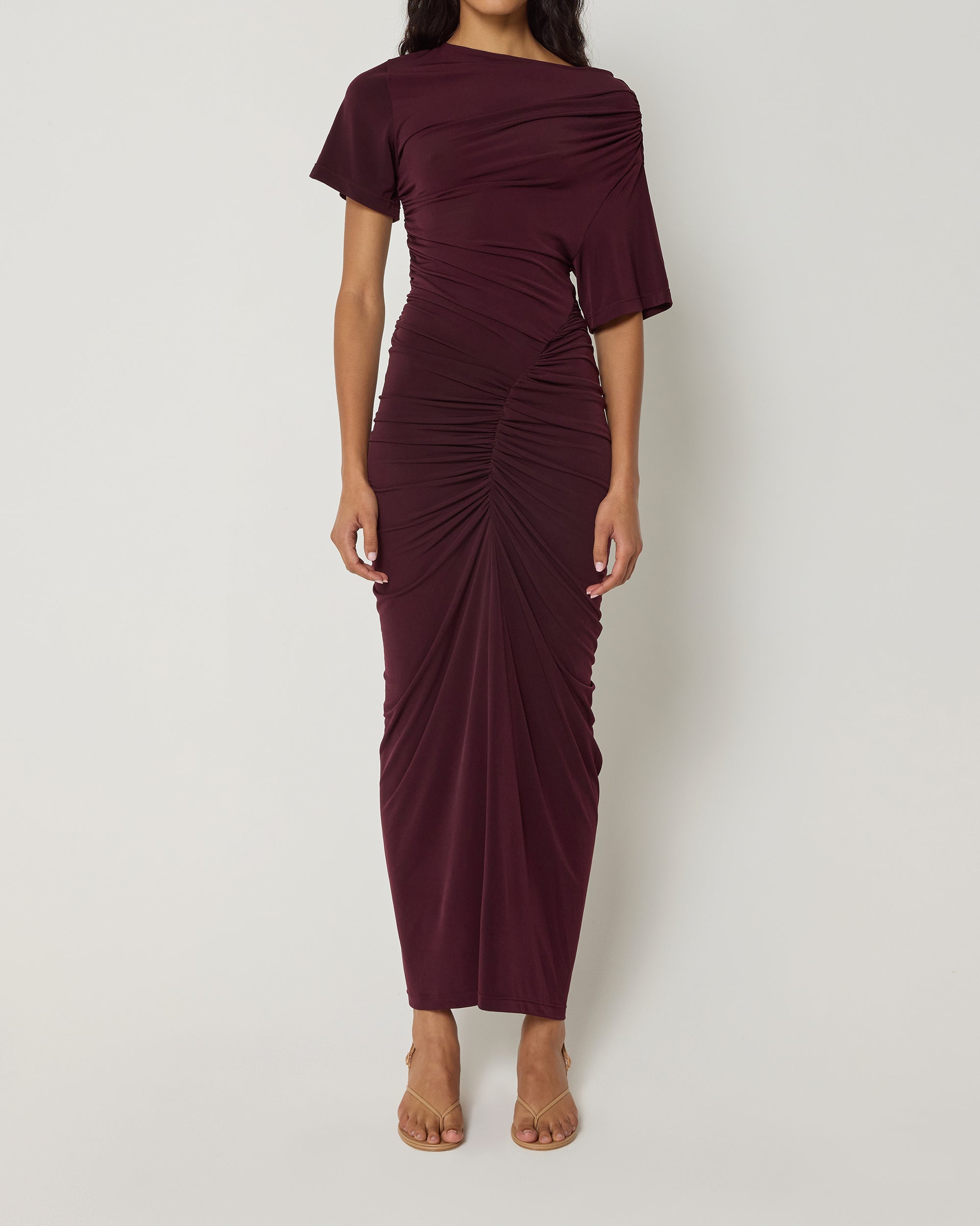 Asymmetrical Ruched Dress | Black Cherry