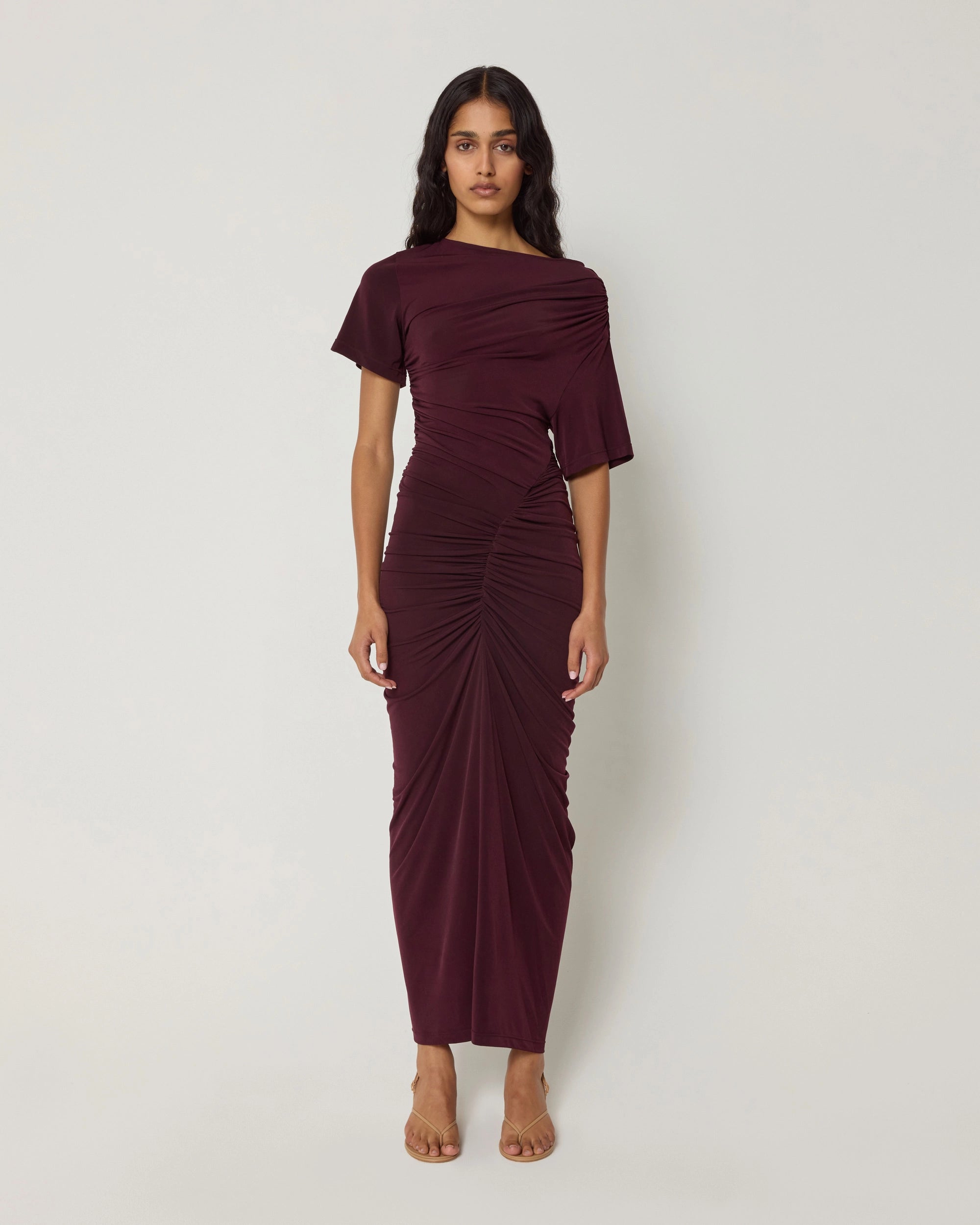 Asymmetrical Ruched Dress | Black Cherry