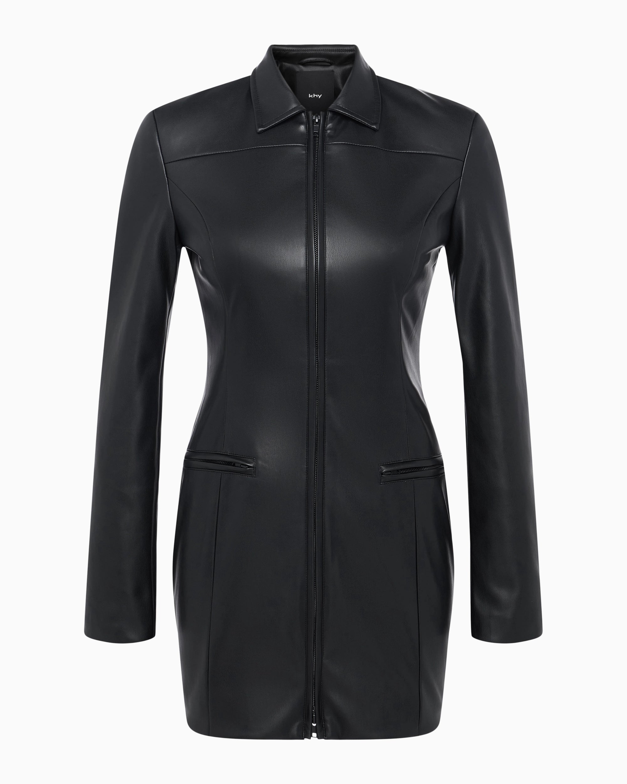 Faux Leather Collared Mini Dress | Black