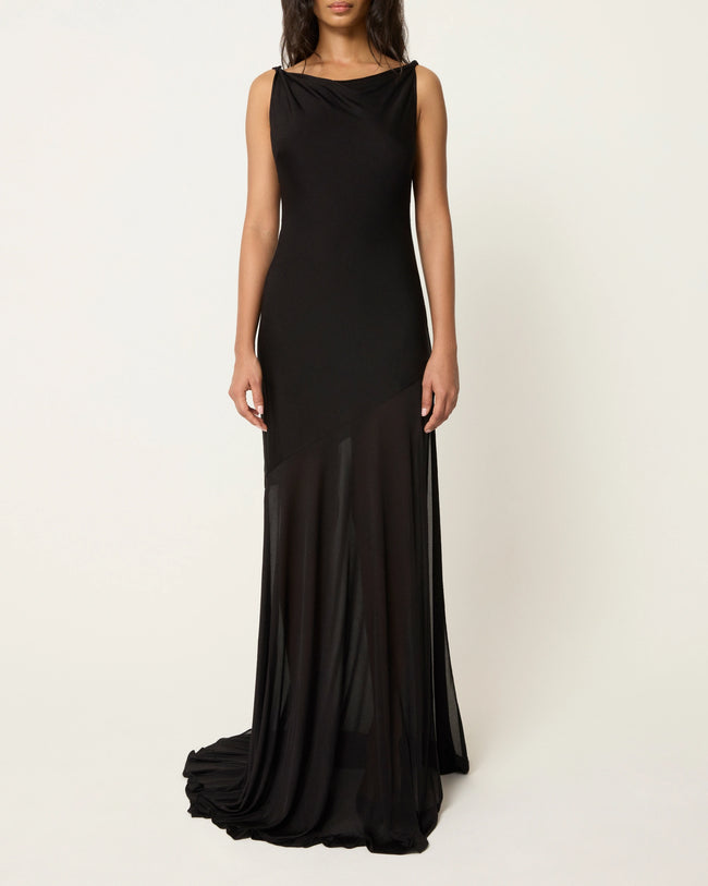 Sheer Draped Long Dress | Black