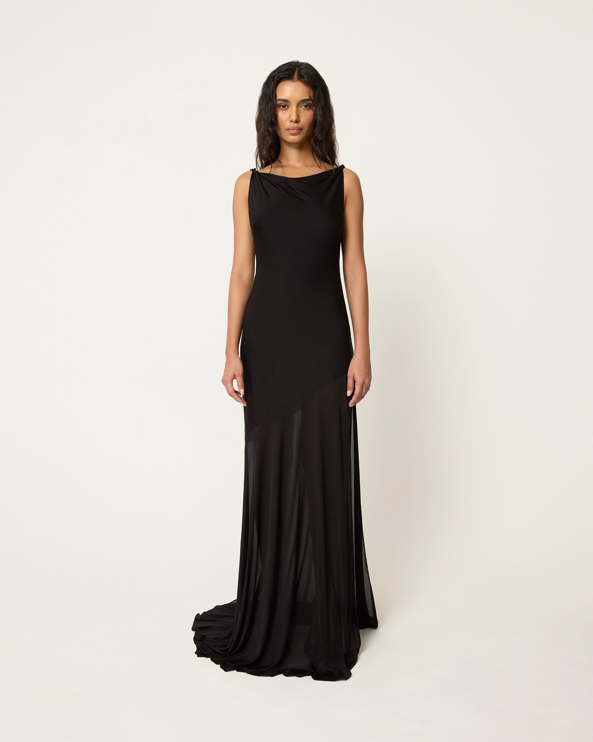 Sheer Draped Long Dress | Black