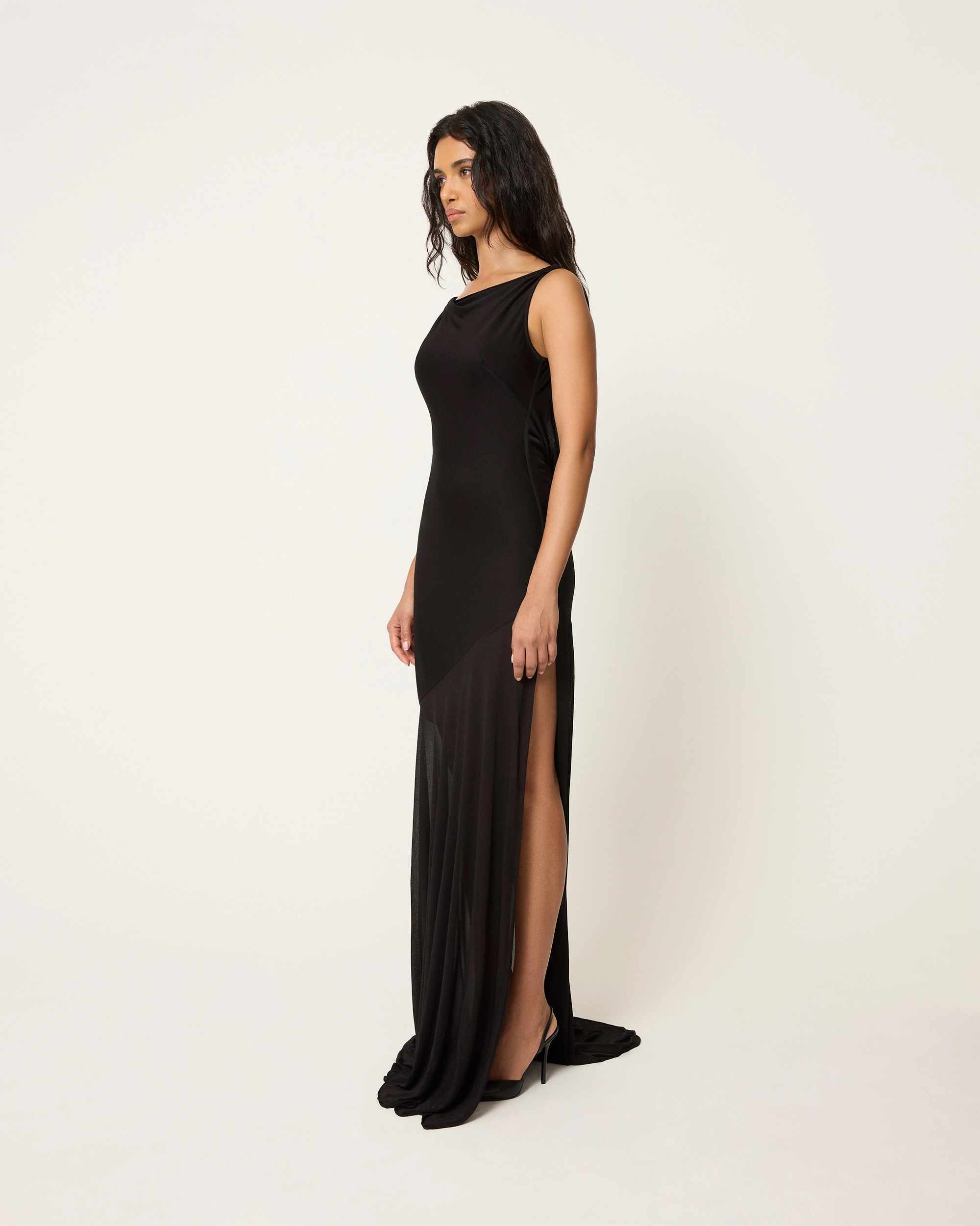 Sheer Draped Long Dress | Black