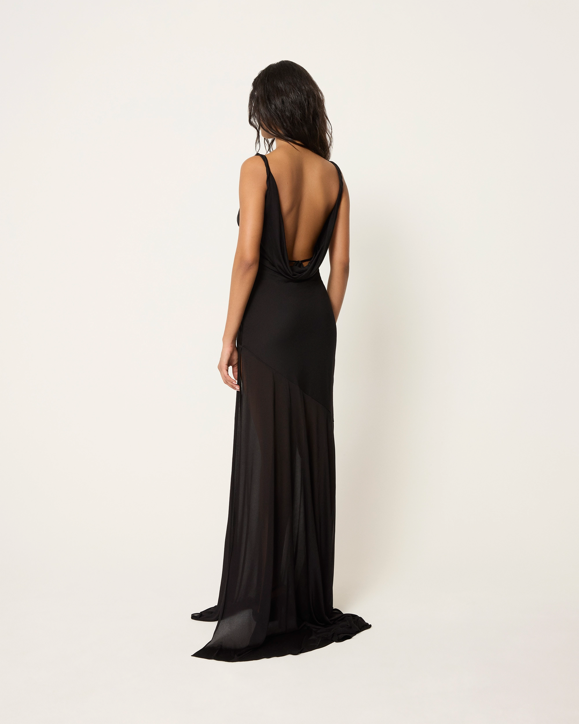 Sheer Draped Long Dress | Black