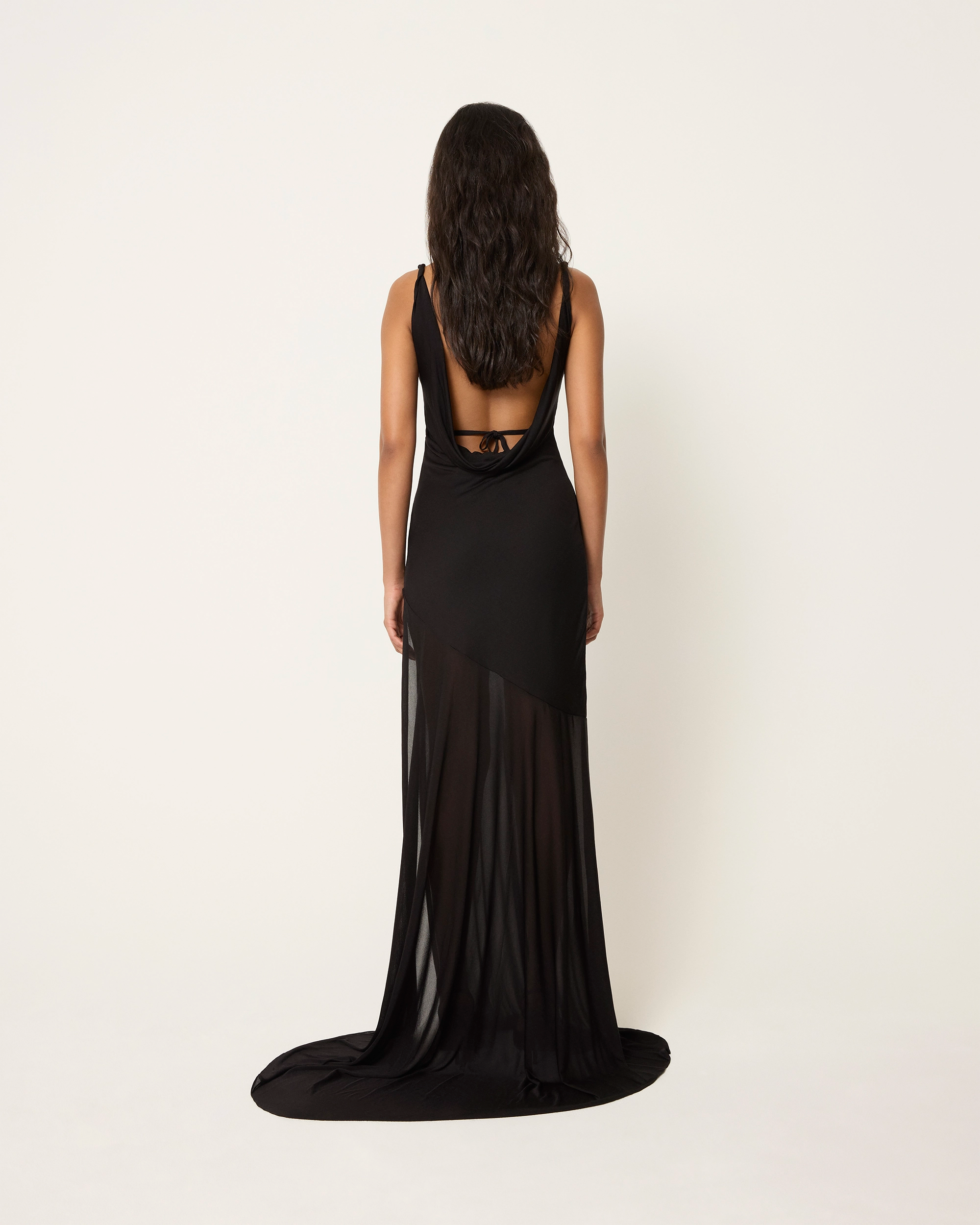 Sheer Draped Long Dress | Black