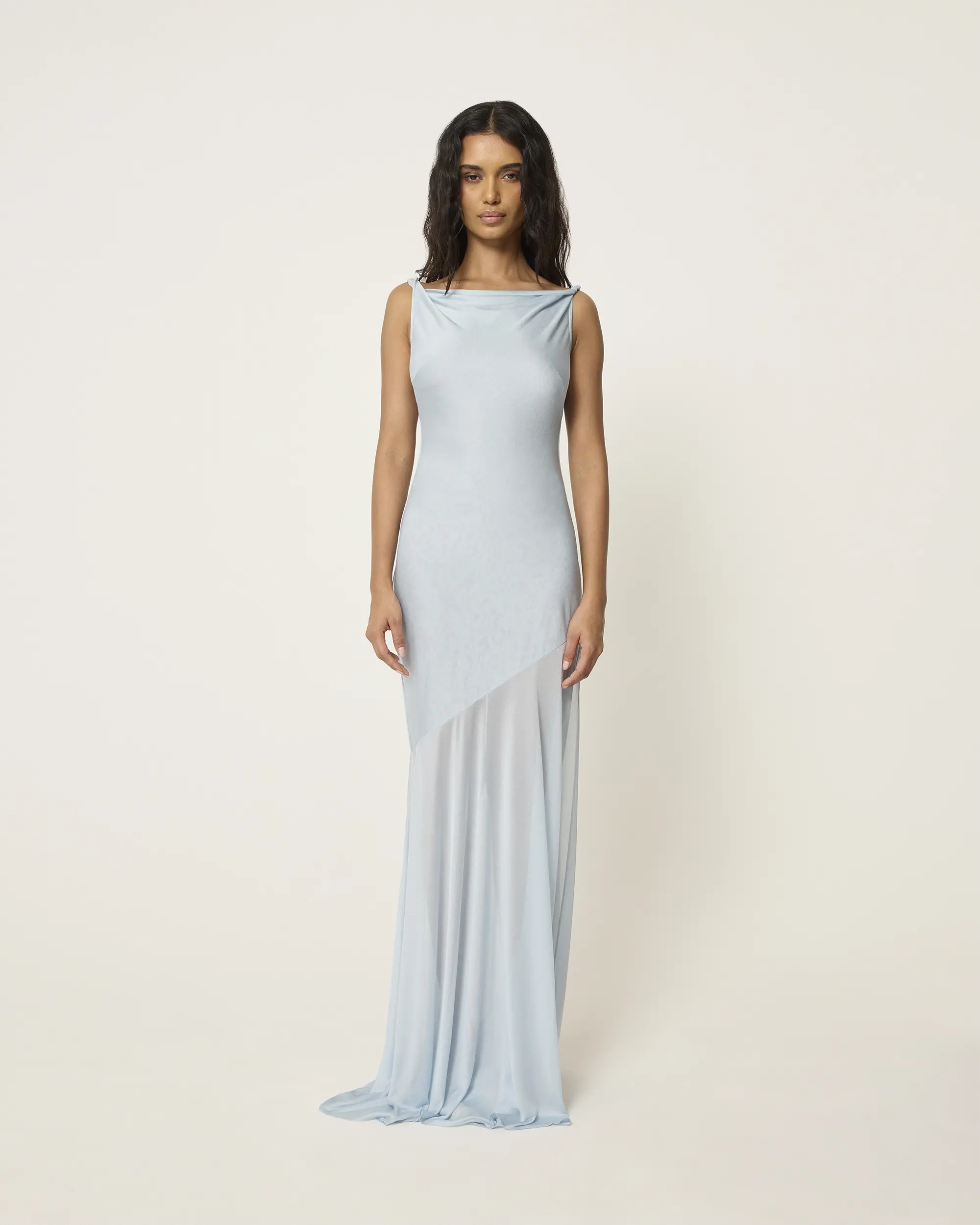 Sheer Draped Long Dress | Lt Blue