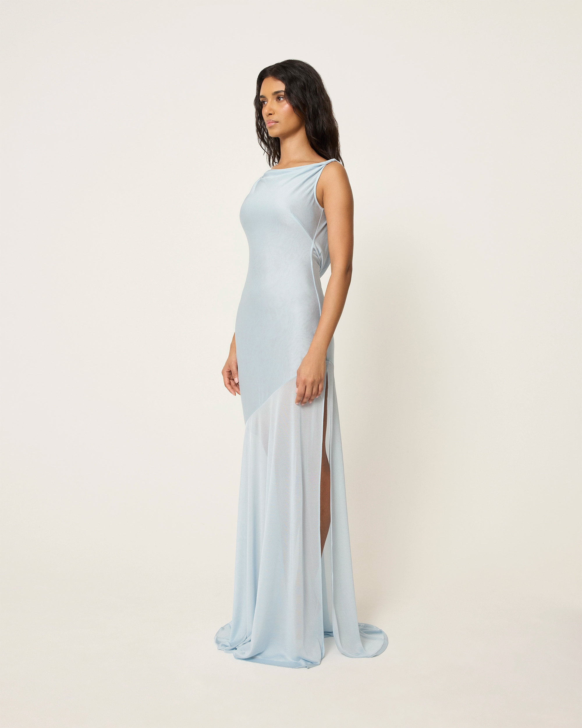 Sheer Draped Long Dress | Lt Blue