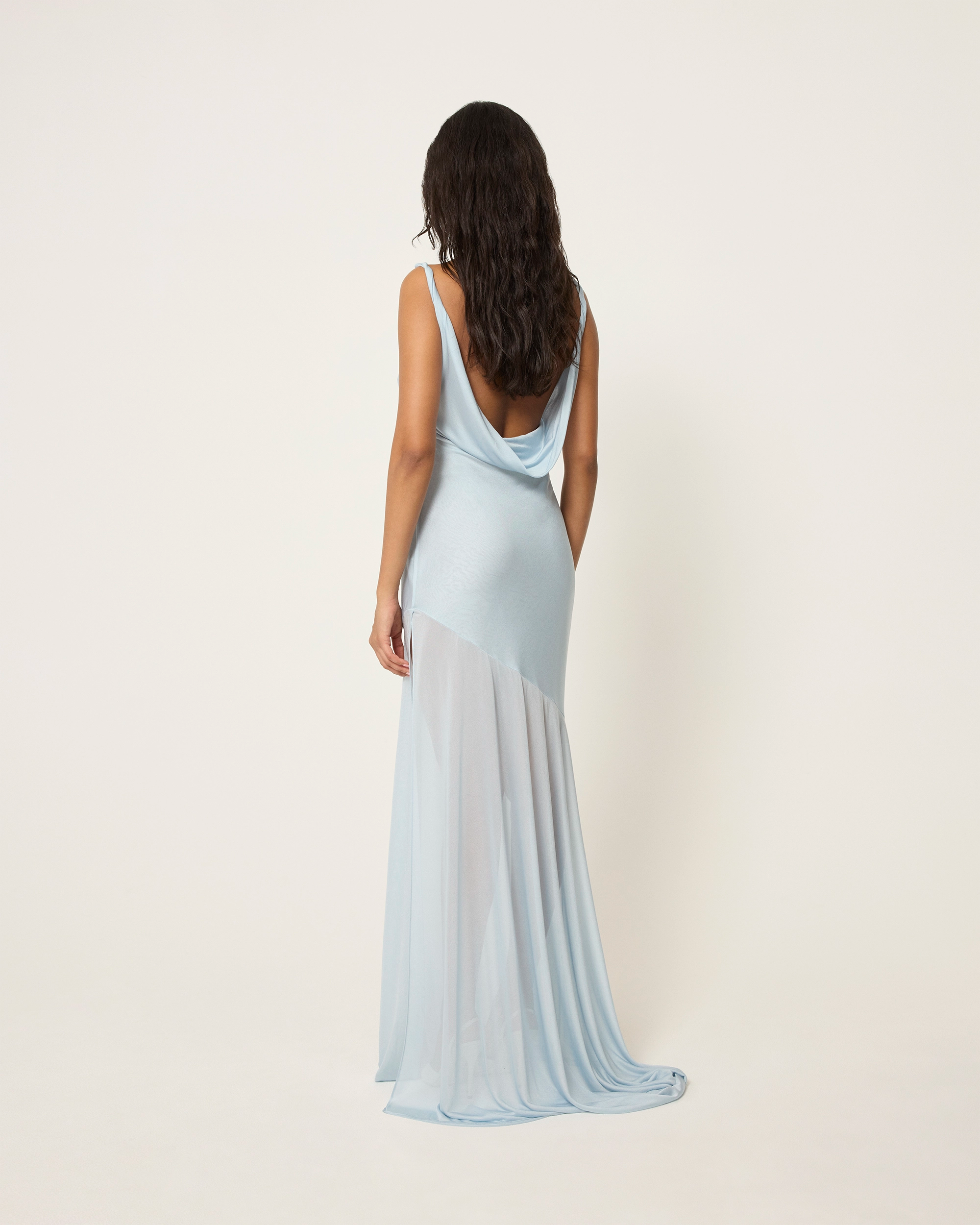 Sheer Draped Long Dress | Lt Blue